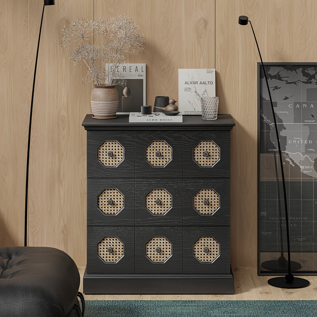 Farmhouse Rattan 3-Drawer Nightstand, Retro Chest Of Drawers With Octagonal Rattan Patterns For Bedroom, Living Room, Fully-Assembled, Black