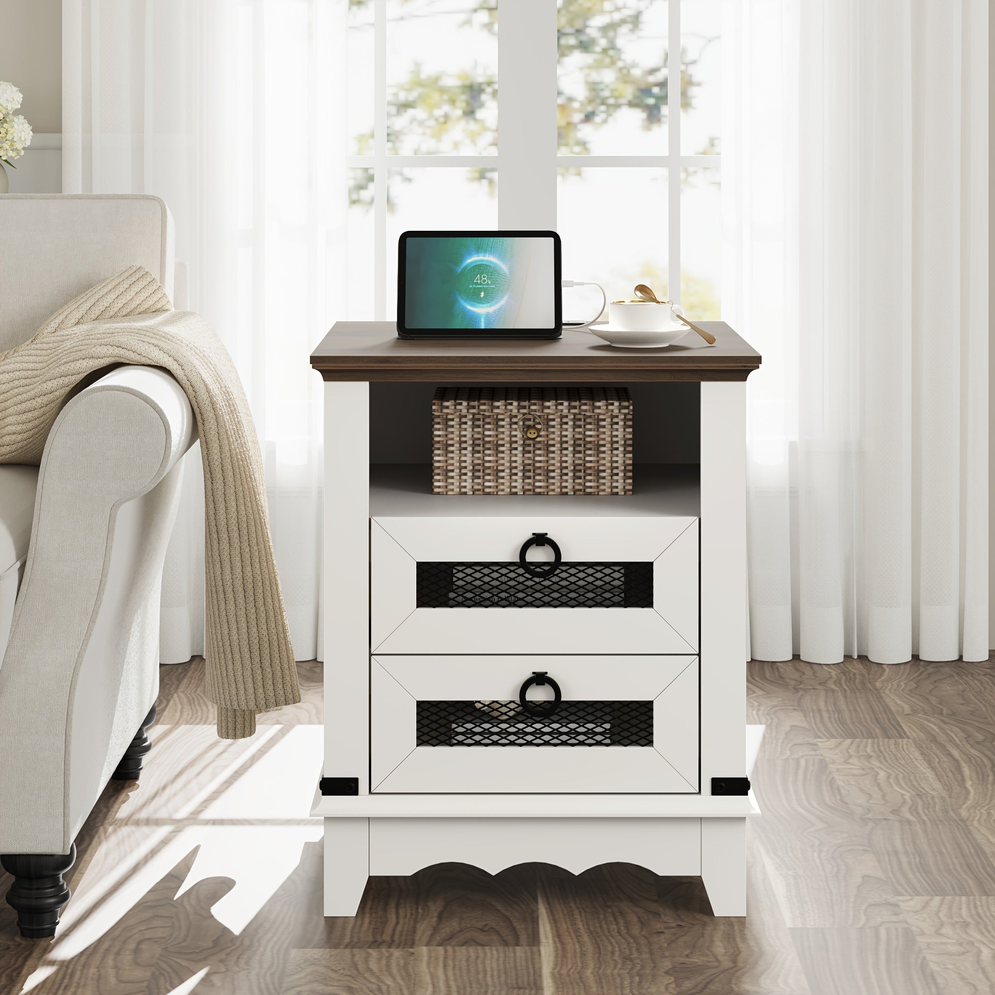 Farmhouse End Table White Nightstand Wood Sofa Table Square Side Table Nesting Table With 2 Drawers For Bedroom Living Room
