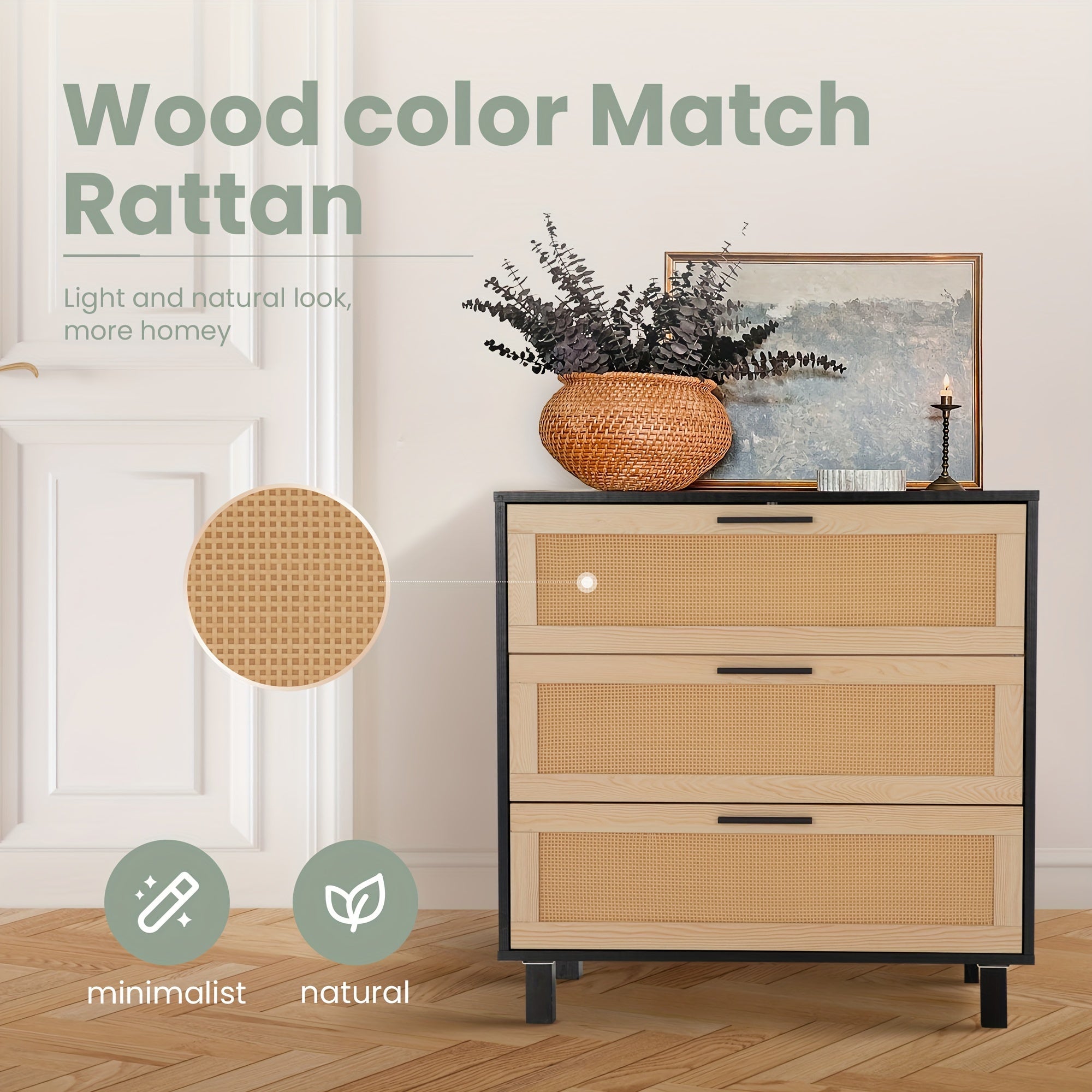 Modern Black Rattan Bedside Storage Cabinet with Solid Wood Legs - Versatile 3-Drawer Unit for Bedroom, Dining Room, Living Room, Entryway & Kitchen Decor, Shelf for Bedroom