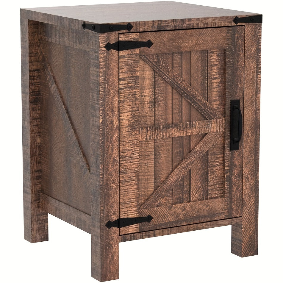 Nightstand w/Charging Station, 46cm Farmhouse End Table w/Barn Door and Adjustable Storage Shelf, Rustic Wood Sofa Side Table w/Magnetic Door for Living Room, Bedroom