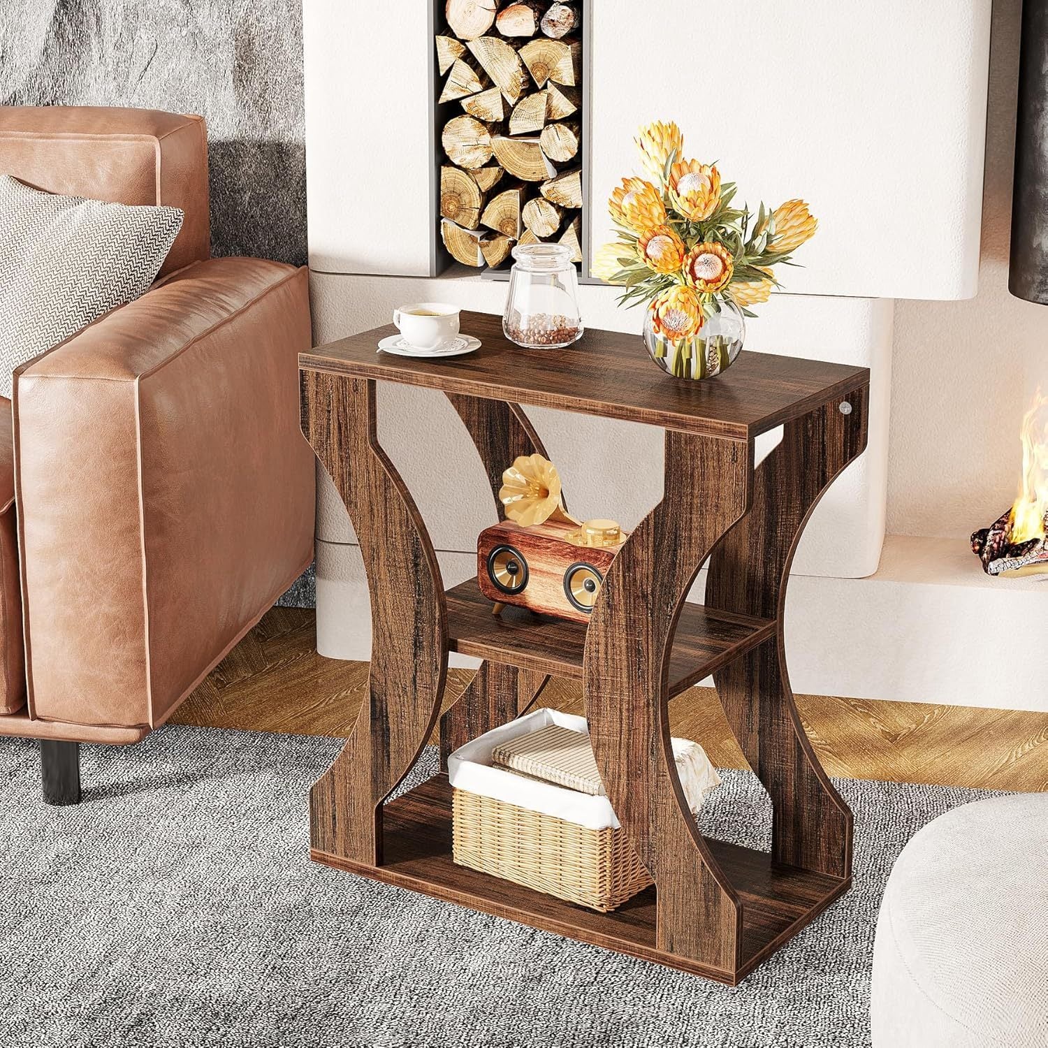 3-Tier Side Table with Storage Shelves, 60cm Farmhouse End Table, Modern Wood Accent Table, Nightstand Bedside Table for Living Room, Bedroom, Ladder Racks, Storage and Organization