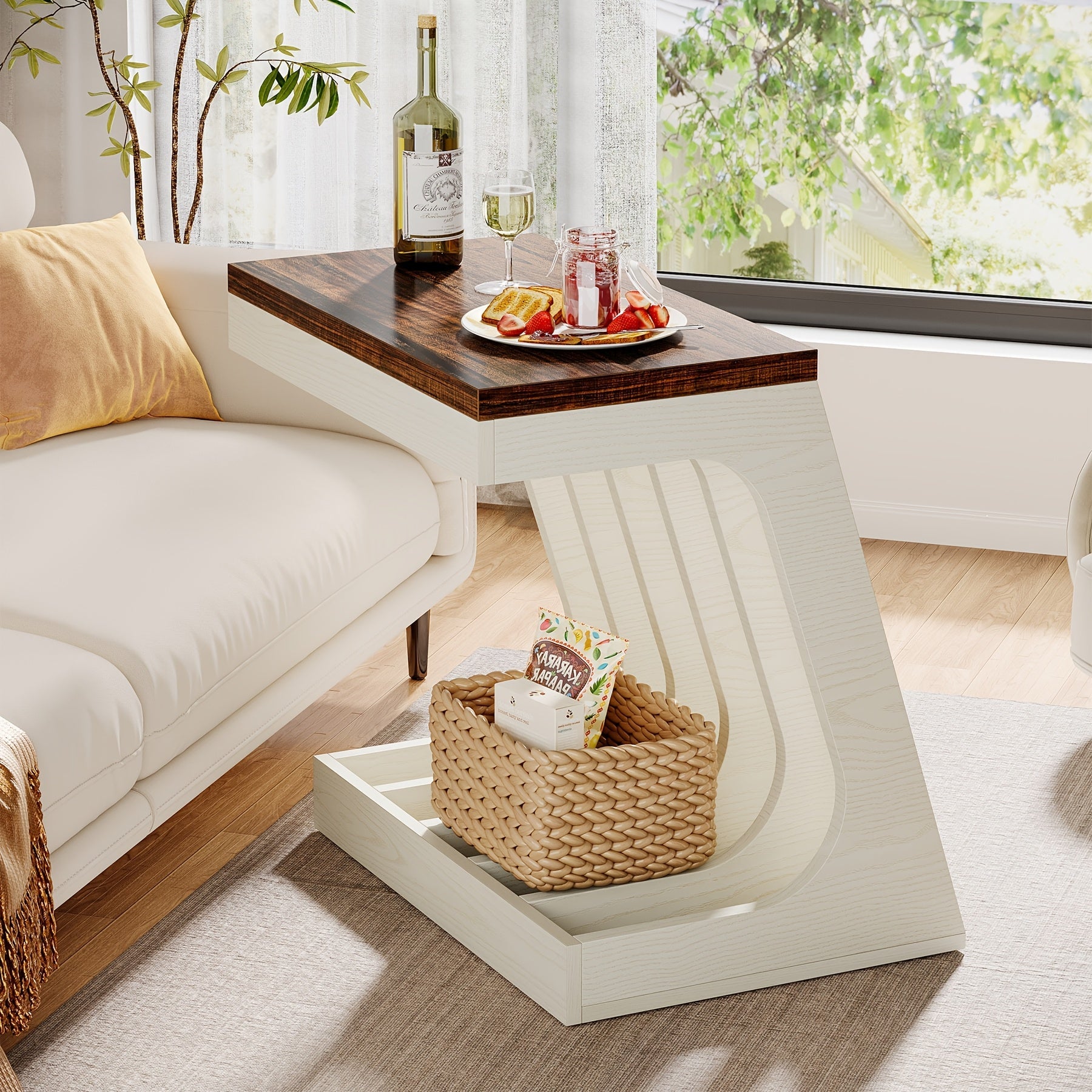 Modern End Table With 5 Storage Compartments, 23.62" W X 13.77" D Large Side Table For Living Room Or Bedroom, Easy Assembly, Rustic Brown & White Wood Grain