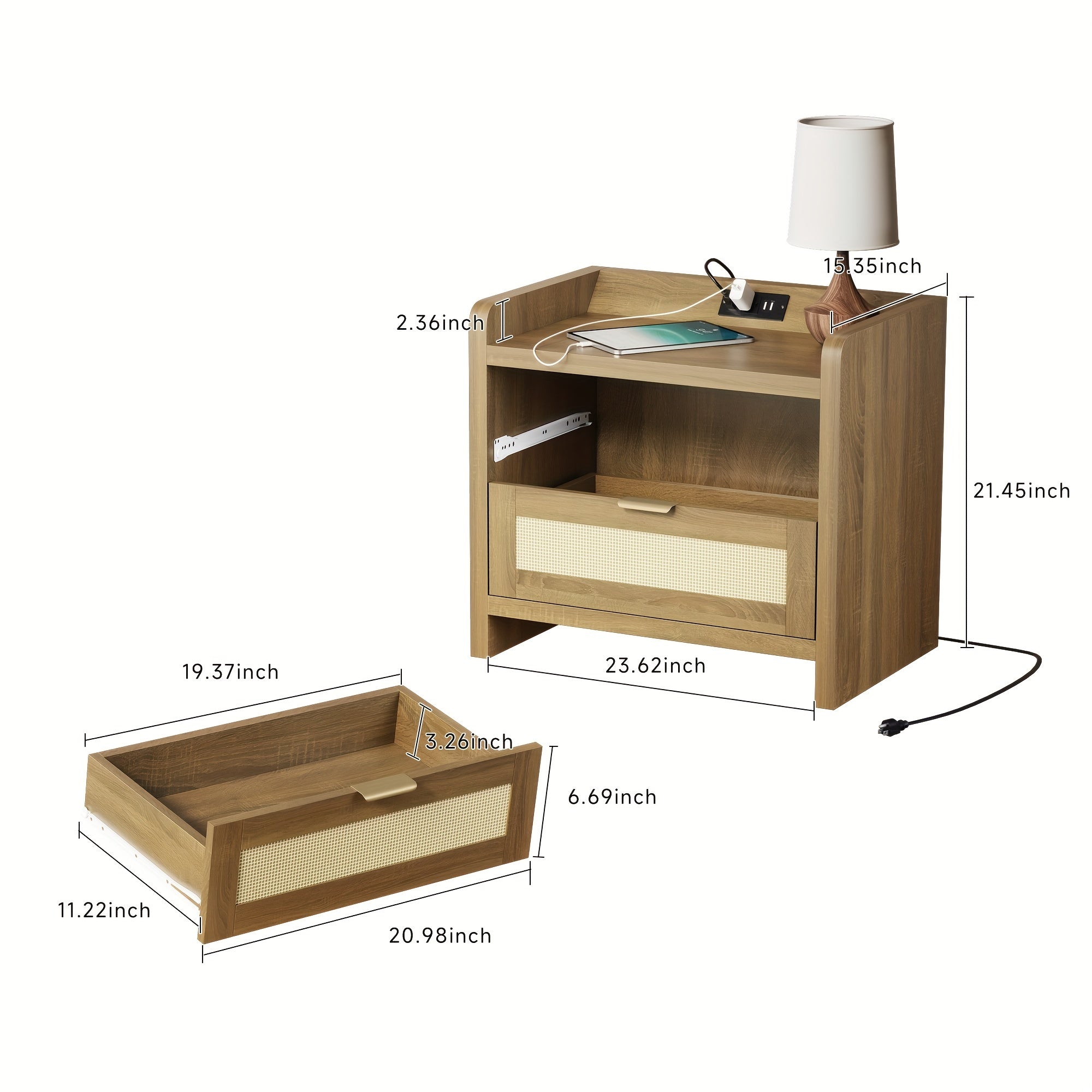 Bohemian Rattan Edge Wooden Nightstand Set Of 2 With 2 Woven Upholstery Drawers And Open Storage Space, Bucket Locker Bedroom Locker Locker, Sofa Side Table, Living Room, Bedroom Headboard (brown/wood)