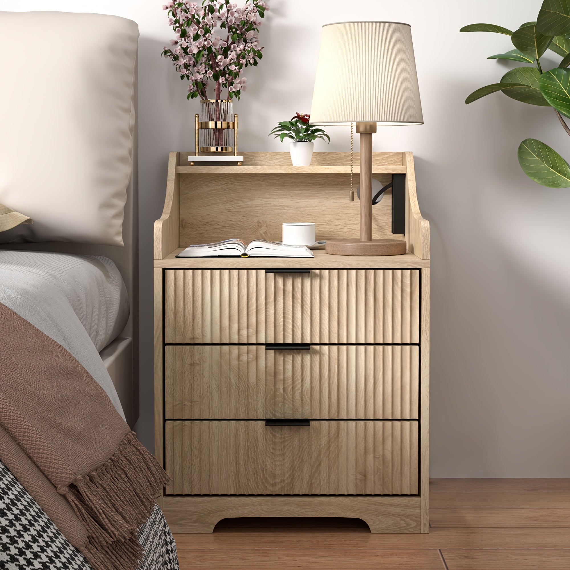 Modern Fluted Nightstand With 3 Drawer, Mid-Century Side Table Night Stand Bedside End Table Nightstand For Bedroom, Living