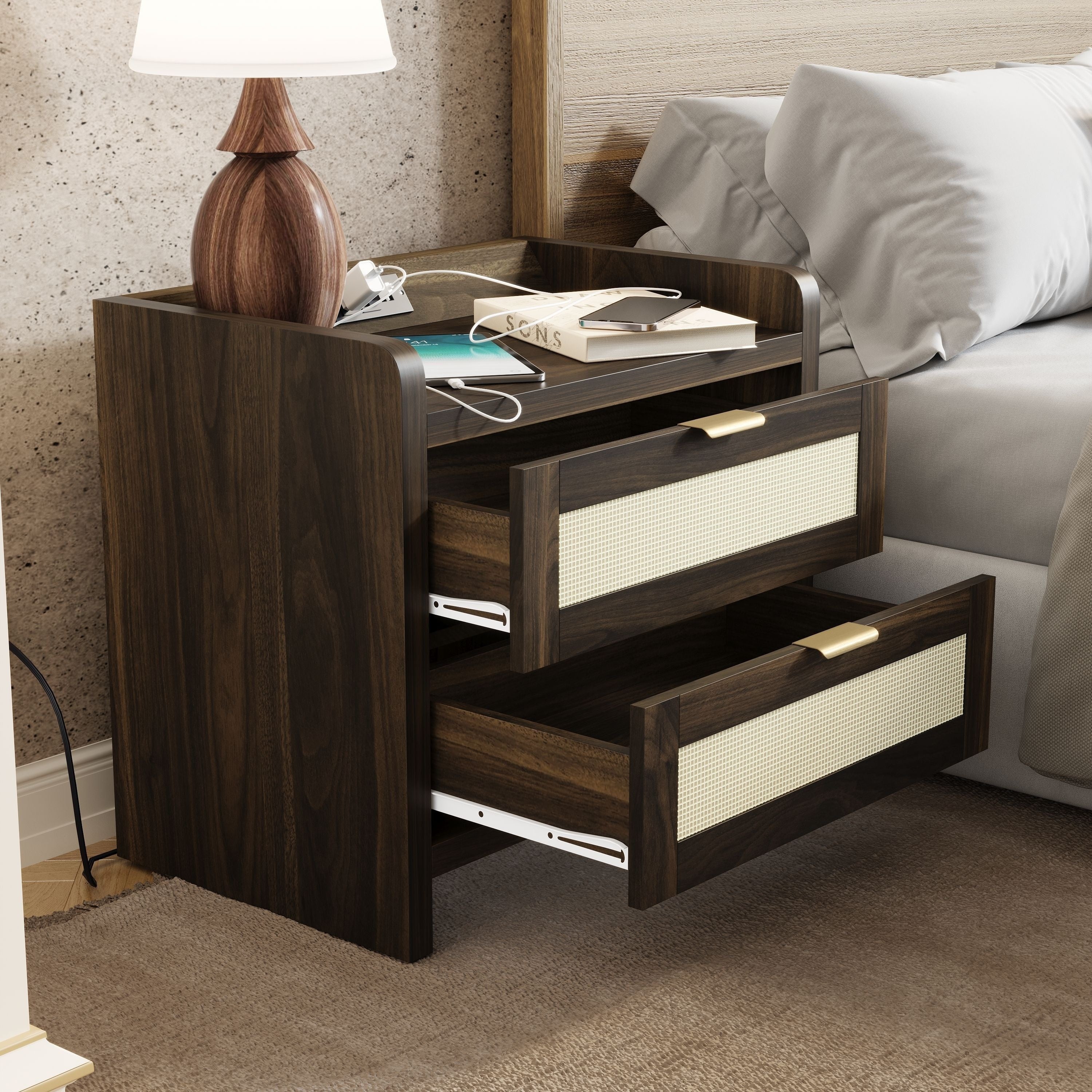 Bohemian Rattan Edge Wooden Nightstand Set Of 2 With 2 Woven Upholstery Drawers And Open Storage Space, Bucket Locker Bedroom Locker Locker, Sofa Side Table, Living Room, Bedroom Headboard (brown/wood)