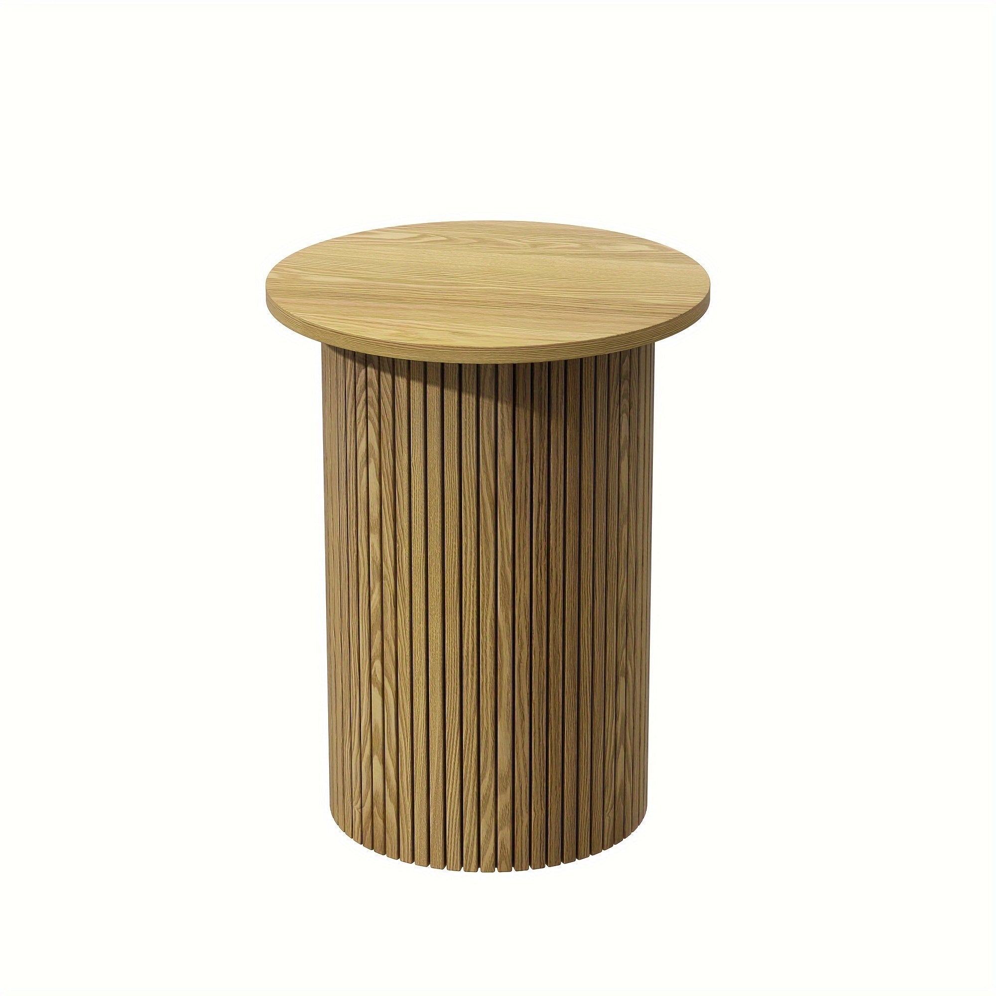 Round Fluted End Table, Small Accent Pedestal Nightstand For Living Room & Bedroom, Modern Wood Bedside Table With Natural Finish