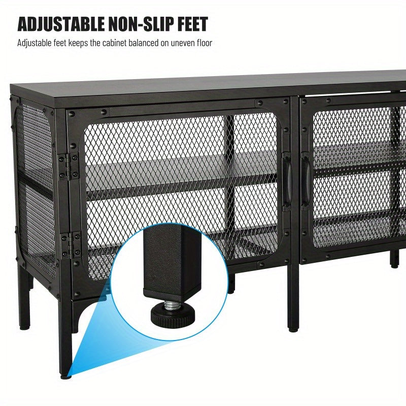 Industrial Wood and Metal TV Stand Entertainment Center Cabinet TV Console Table with 3 Metal Mesh Doors 2-Tier Storage Shelves for Living Room Frosted Black