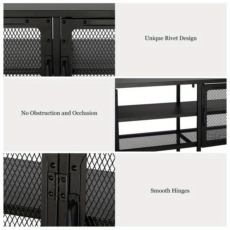Industrial Wood and Metal TV Stand Entertainment Center Cabinet TV Console Table with 3 Metal Mesh Doors 2-Tier Storage Shelves for Living Room Frosted Black