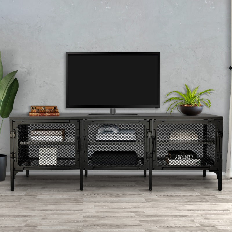 Industrial Wood and Metal TV Stand Entertainment Center Cabinet TV Console Table with 3 Metal Mesh Doors 2-Tier Storage Shelves for Living Room Frosted Black