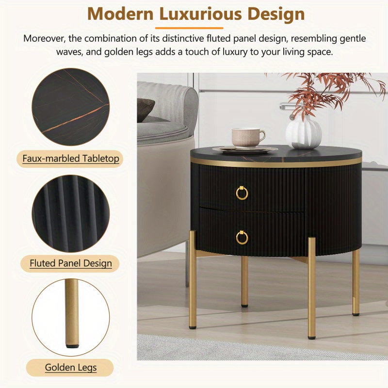 50cm Easy Assembly Round End Table with Storage Drawers, Fluted Nightstand with High Gloss Faux Marble Tabletop, Modern Coffee Table with Metal Legs and Handles for Living Room