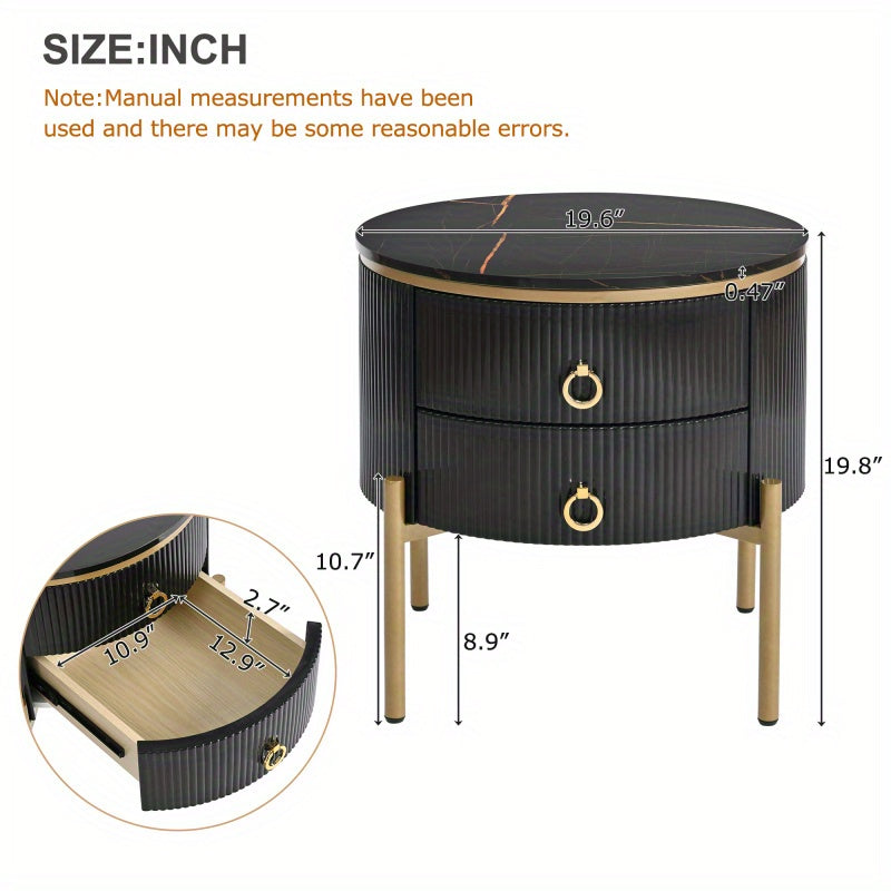 50cm Easy Assembly Round End Table with Storage Drawers, Fluted Nightstand with High Gloss Faux Marble Tabletop, Modern Coffee Table with Metal Legs and Handles for Living Room