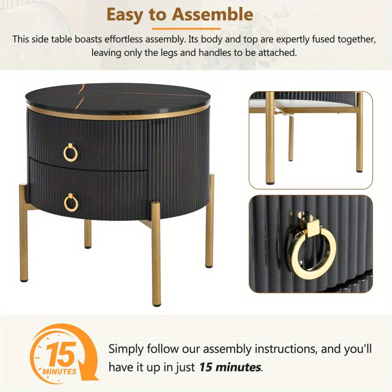 50cm Easy Assembly Round End Table with Storage Drawers, Fluted Nightstand with High Gloss Faux Marble Tabletop, Modern Coffee Table with Metal Legs and Handles for Living Room