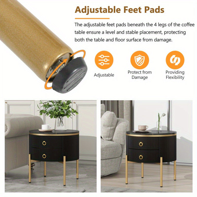 50cm Easy Assembly Round End Table with Storage Drawers, Fluted Nightstand with High Gloss Faux Marble Tabletop, Modern Coffee Table with Metal Legs and Handles for Living Room