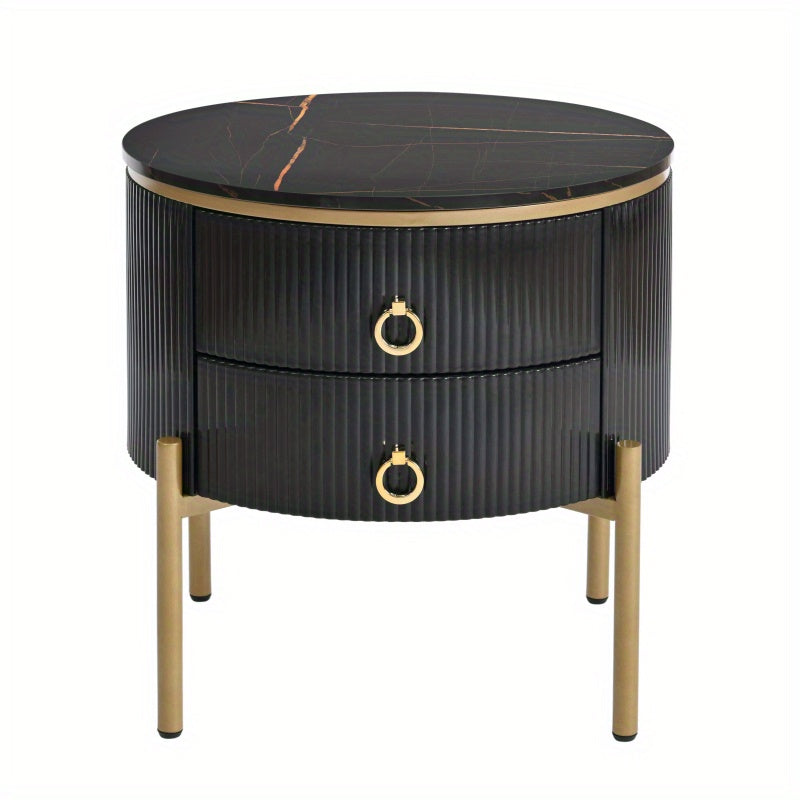 50cm Easy Assembly Round End Table with Storage Drawers, Fluted Nightstand with High Gloss Faux Marble Tabletop, Modern Coffee Table with Metal Legs and Handles for Living Room