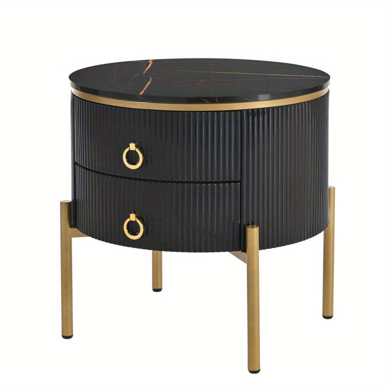 50cm Easy Assembly Round End Table with Storage Drawers, Fluted Nightstand with High Gloss Faux Marble Tabletop, Modern Coffee Table with Metal Legs and Handles for Living Room