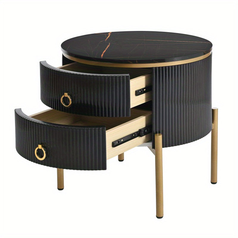 50cm Easy Assembly Round End Table with Storage Drawers, Fluted Nightstand with High Gloss Faux Marble Tabletop, Modern Coffee Table with Metal Legs and Handles for Living Room