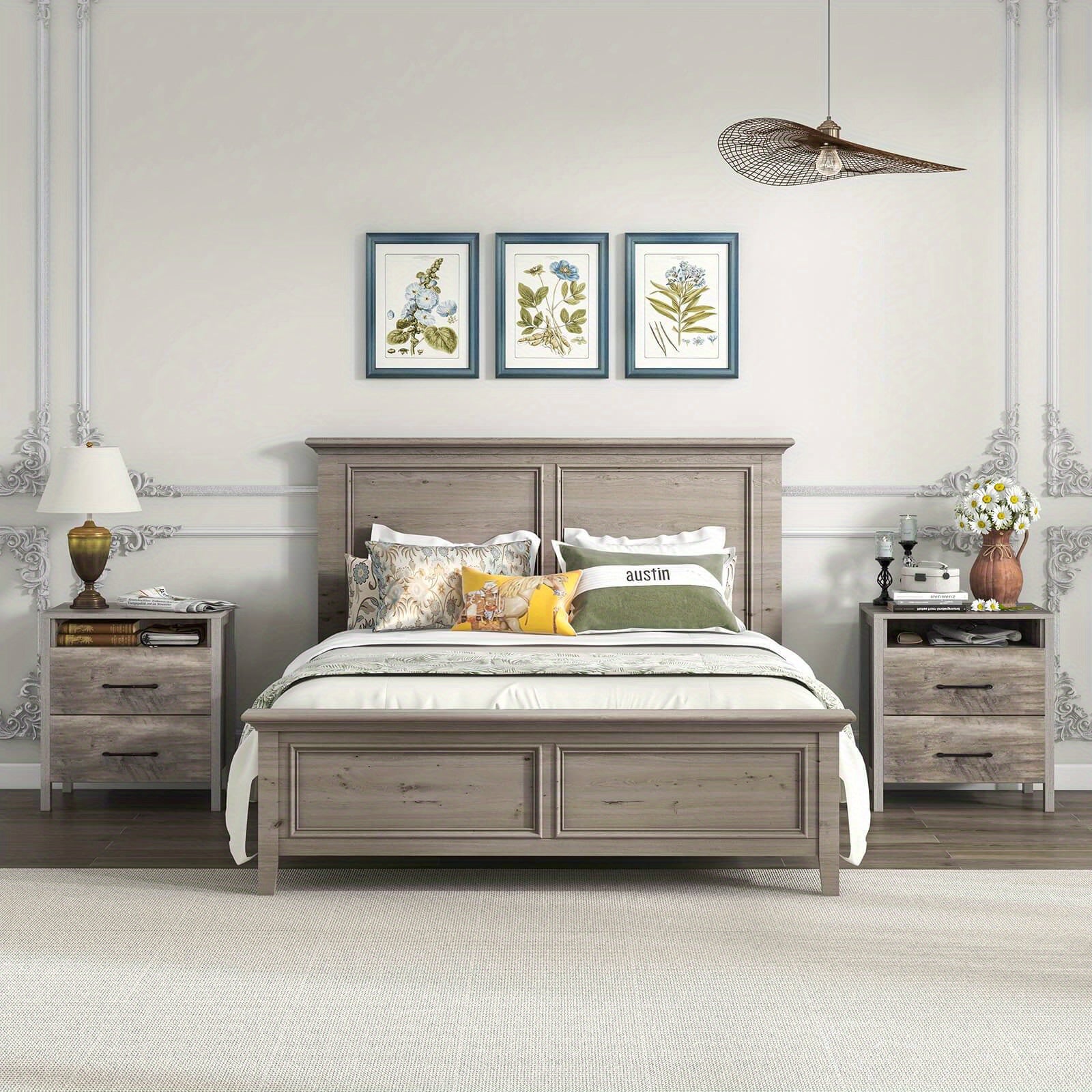 Nightstand with 2 Drawers Farmhouse Bed Side Table with Open Storage Shelf