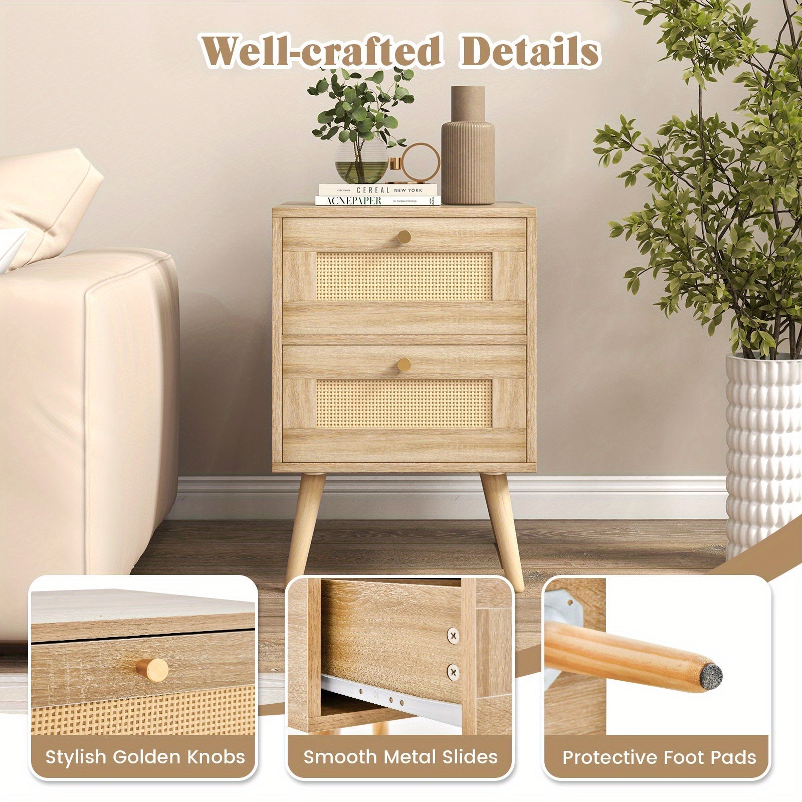 Rattan Nightstand Boho Accent Bedside Table with 2 Storage Drawers Natural