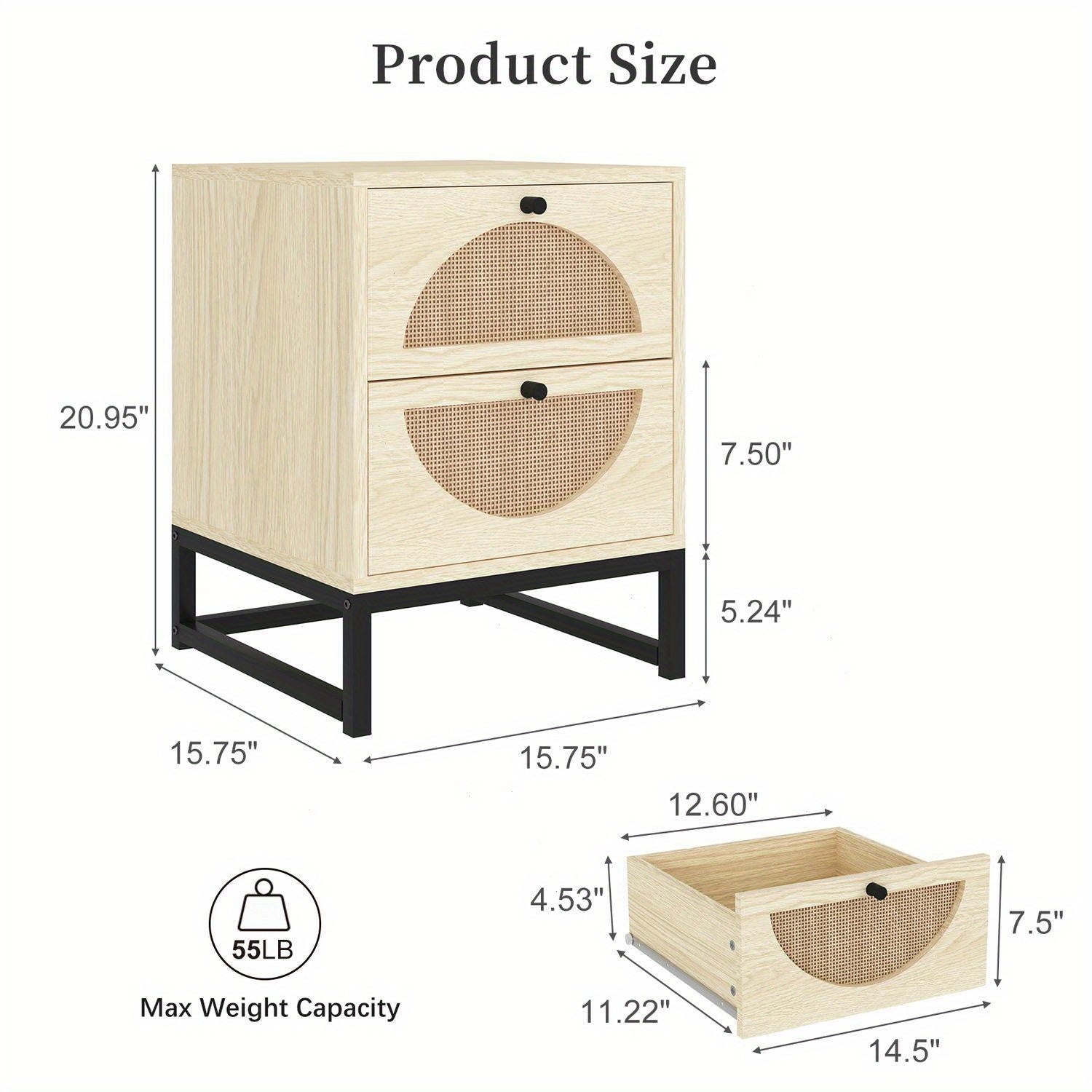 Nightstand with 2 Drawers, Rattan Bedside Table with Metal Leg, Modern End Side Table, Accent Storage Cabinet, For Bedroom, Living Room, Natural