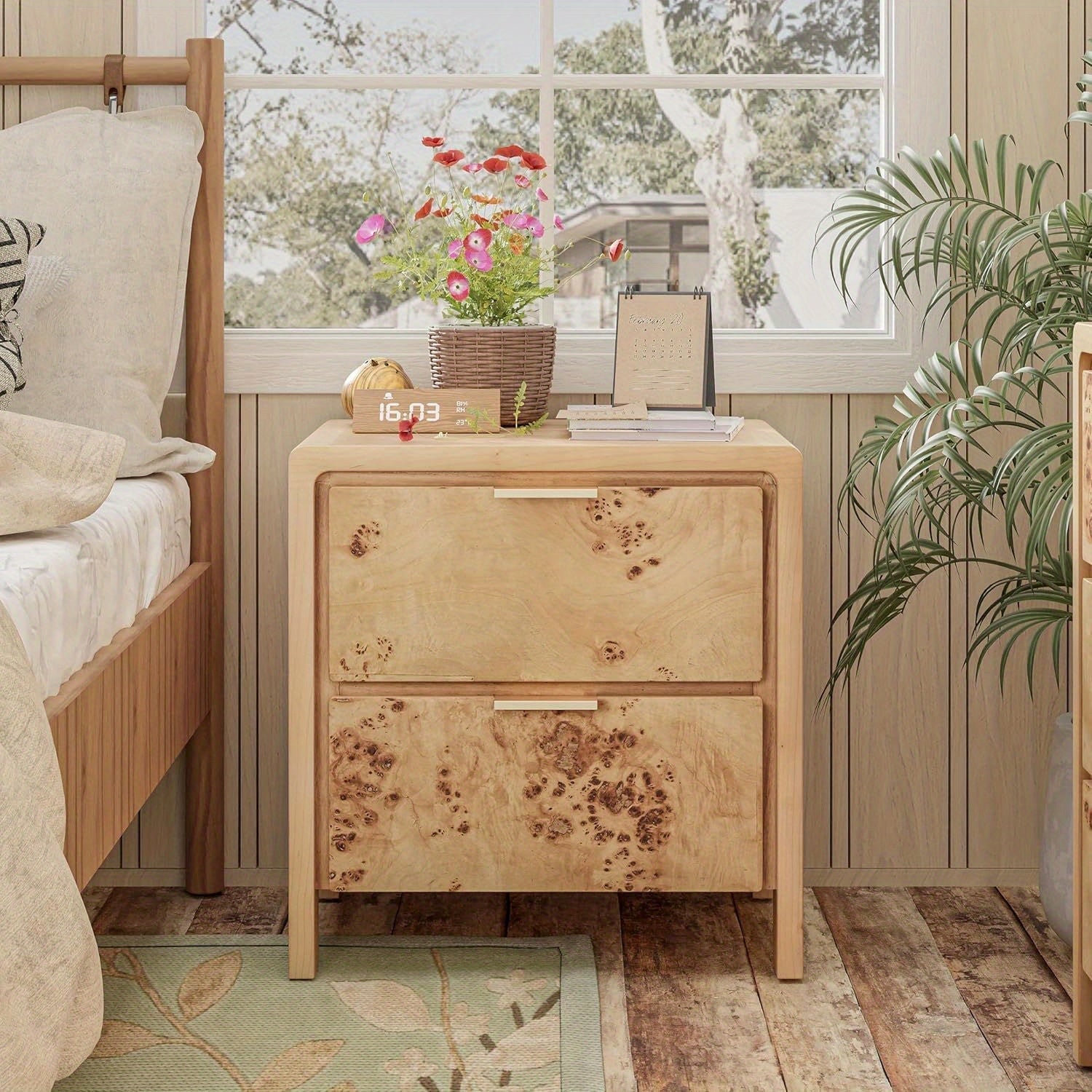 Farmhouse Nightstand with 3 Drawer, Distressed Wood Rustic Accent Dresser, Burl Nightstand for Bedroom, Entryway, Fully Assembled, Natural