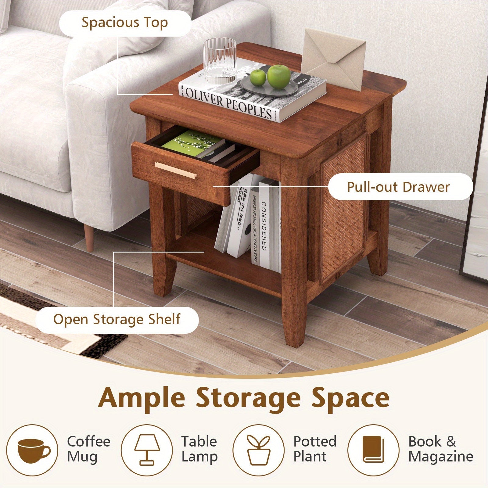 Rattan Nightstand with Drawer, Mid Century End Table with Storage Shelf, Square Bedside Table with Solid Rubber Wood Legs, Sofa Side Table for Living Room, Bedroom, Small Spaces, Walnut