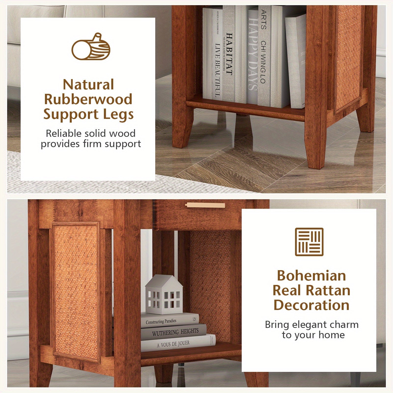 Rattan Nightstand with Drawer, Mid Century End Table with Storage Shelf, Square Bedside Table with Solid Rubber Wood Legs, Sofa Side Table for Living Room, Bedroom, Small Spaces, Walnut