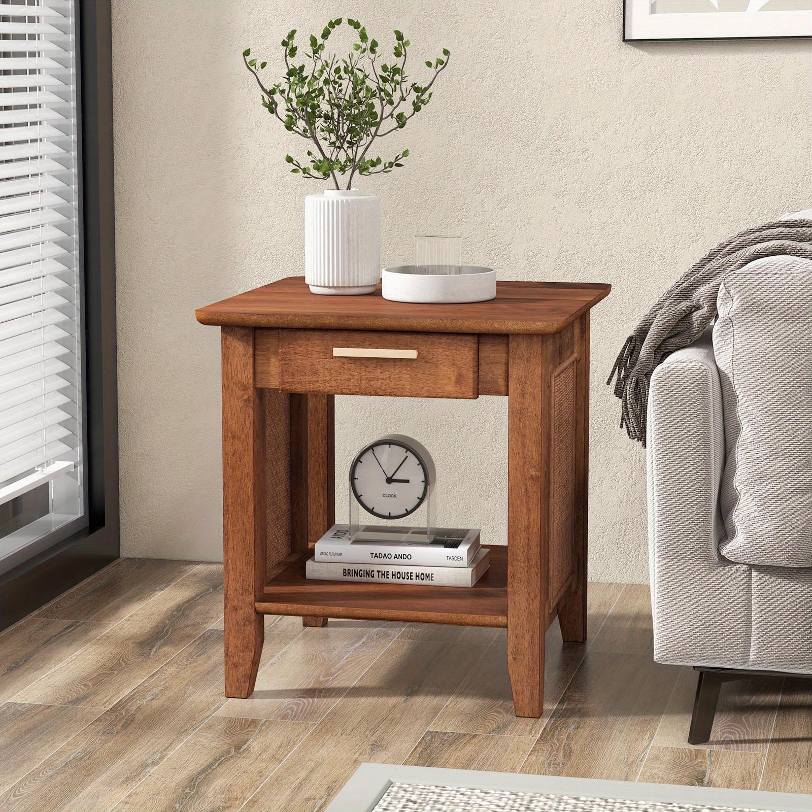 Rattan Nightstand with Drawer, Mid Century End Table with Storage Shelf, Square Bedside Table with Solid Rubber Wood Legs, Sofa Side Table for Living Room, Bedroom, Small Spaces, Walnut
