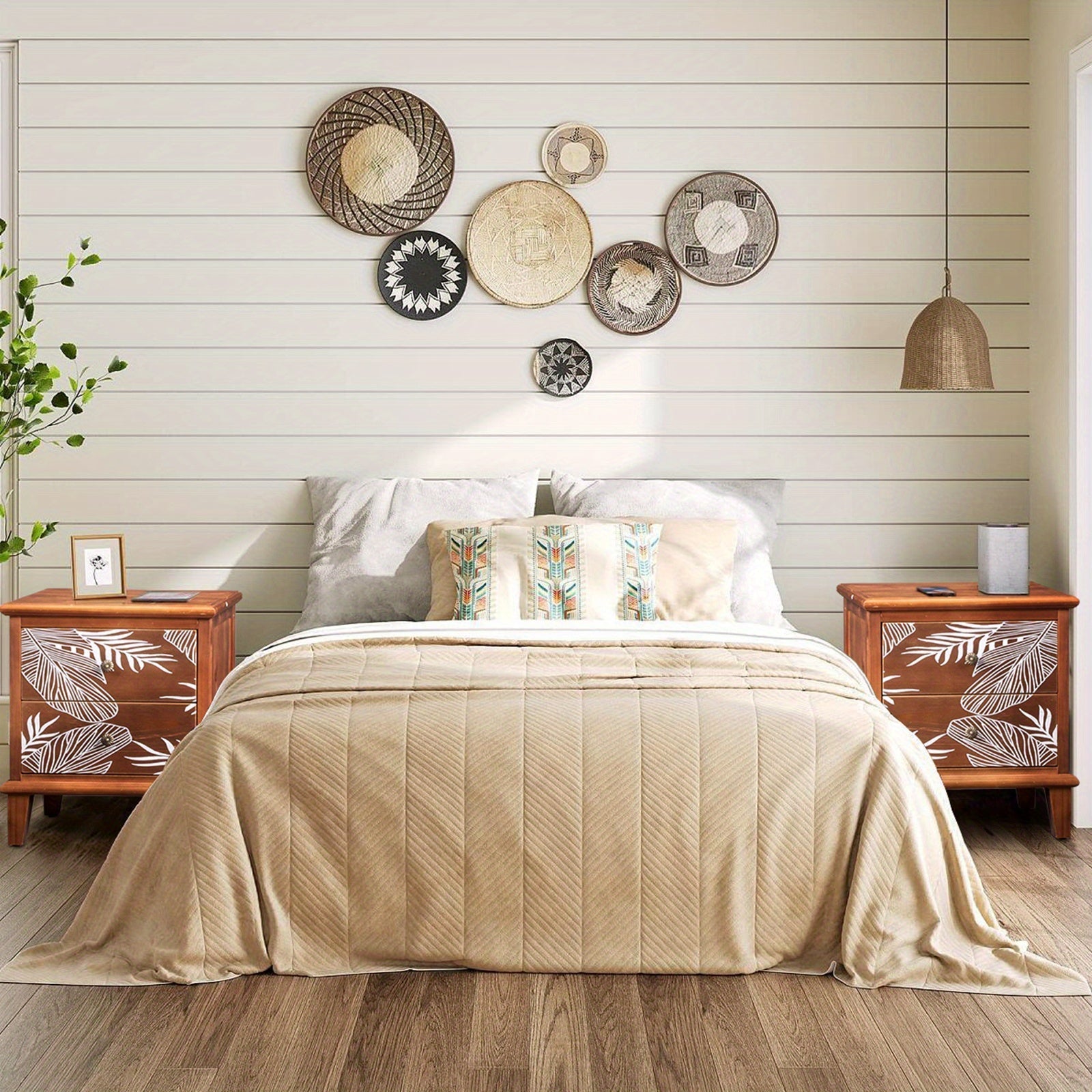 Brown veneer solid wood frame 2 drawers bedside table Bohemian