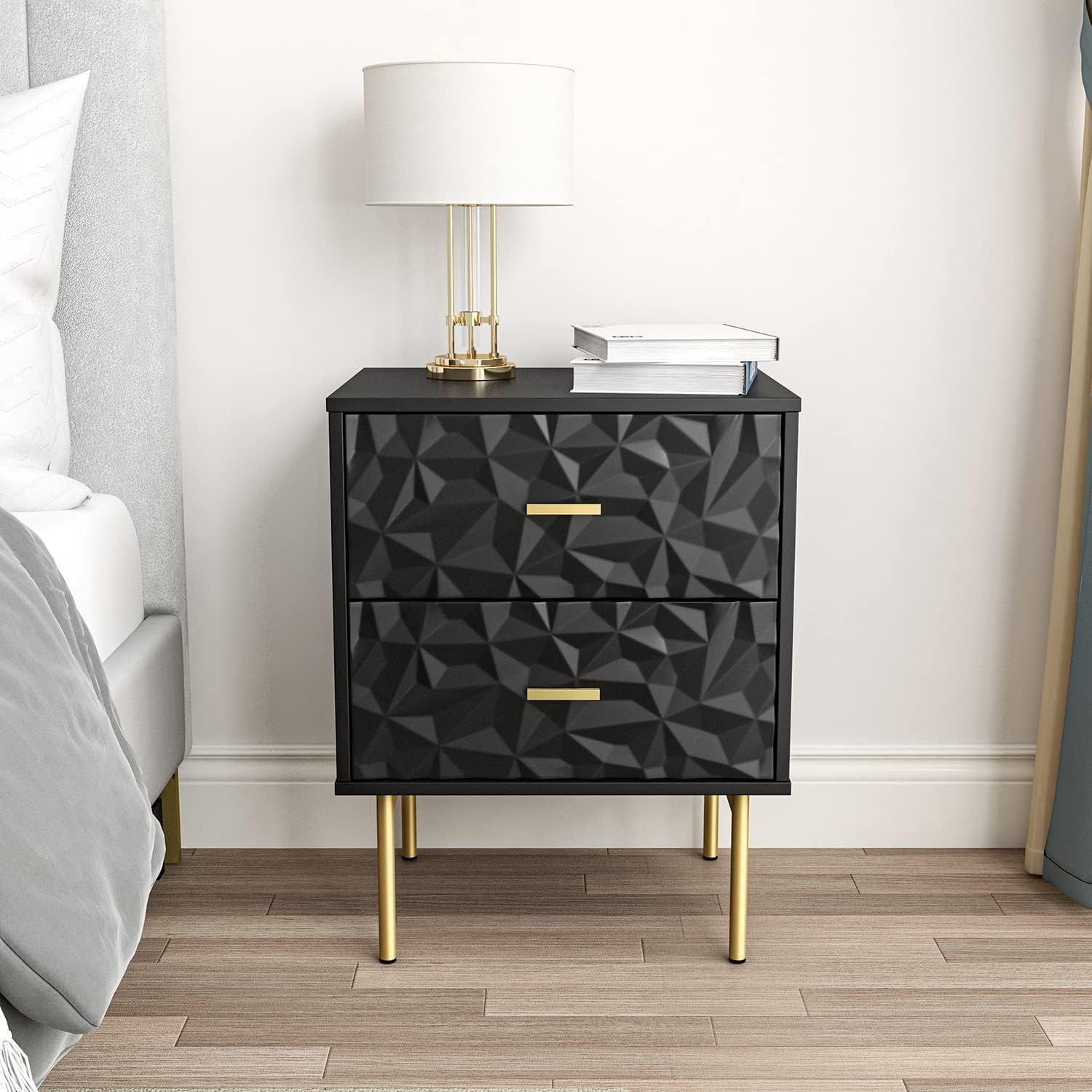 Modern Nightstand with 2 Drawers, 50cm W Bedside Table 2 Drawer Dresser with Embossed Pattern, Storage End Table with Metal Legs for Bedroom & Living Room