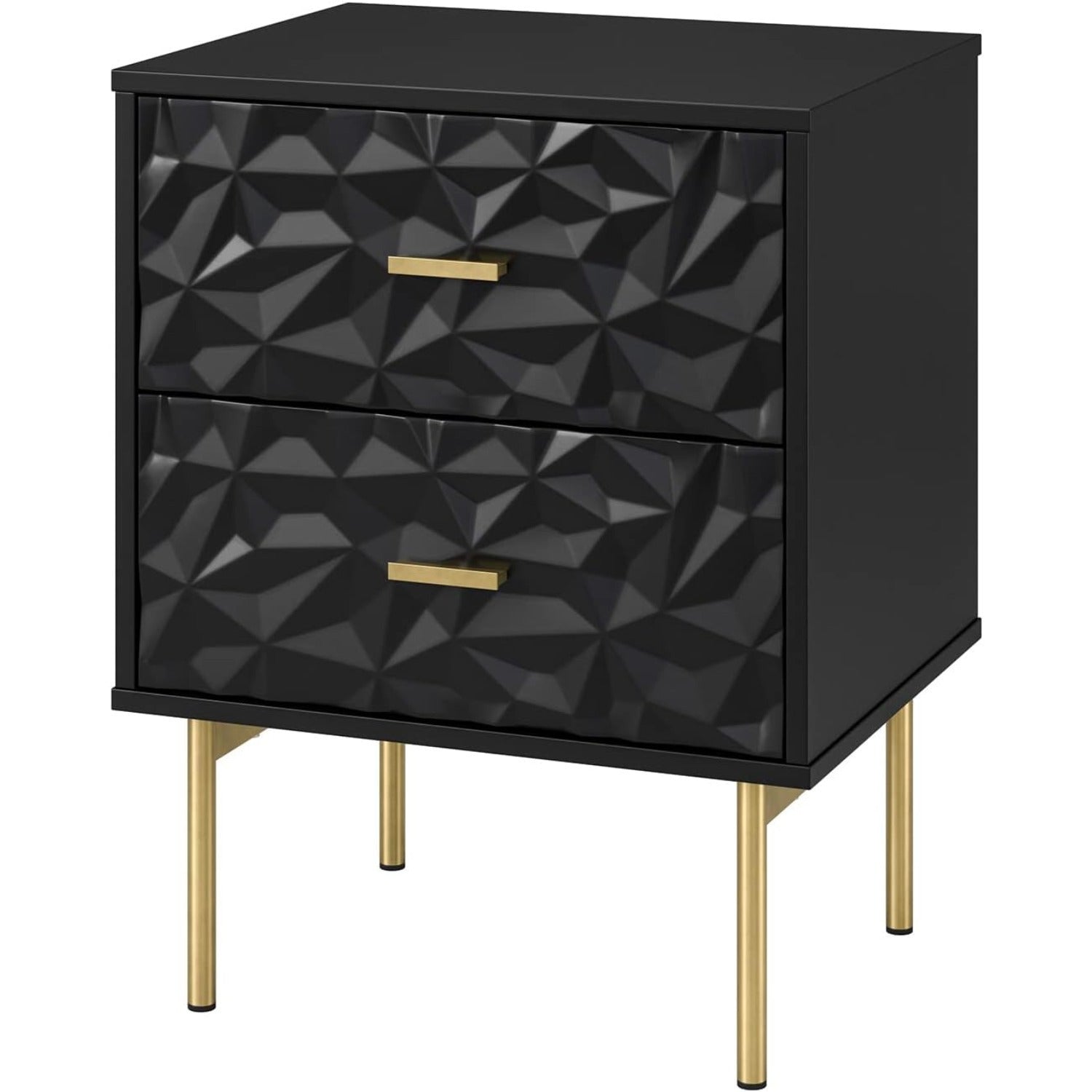 Modern Nightstand with 2 Drawers, 50cm W Bedside Table 2 Drawer Dresser with Embossed Pattern, Storage End Table with Metal Legs for Bedroom & Living Room