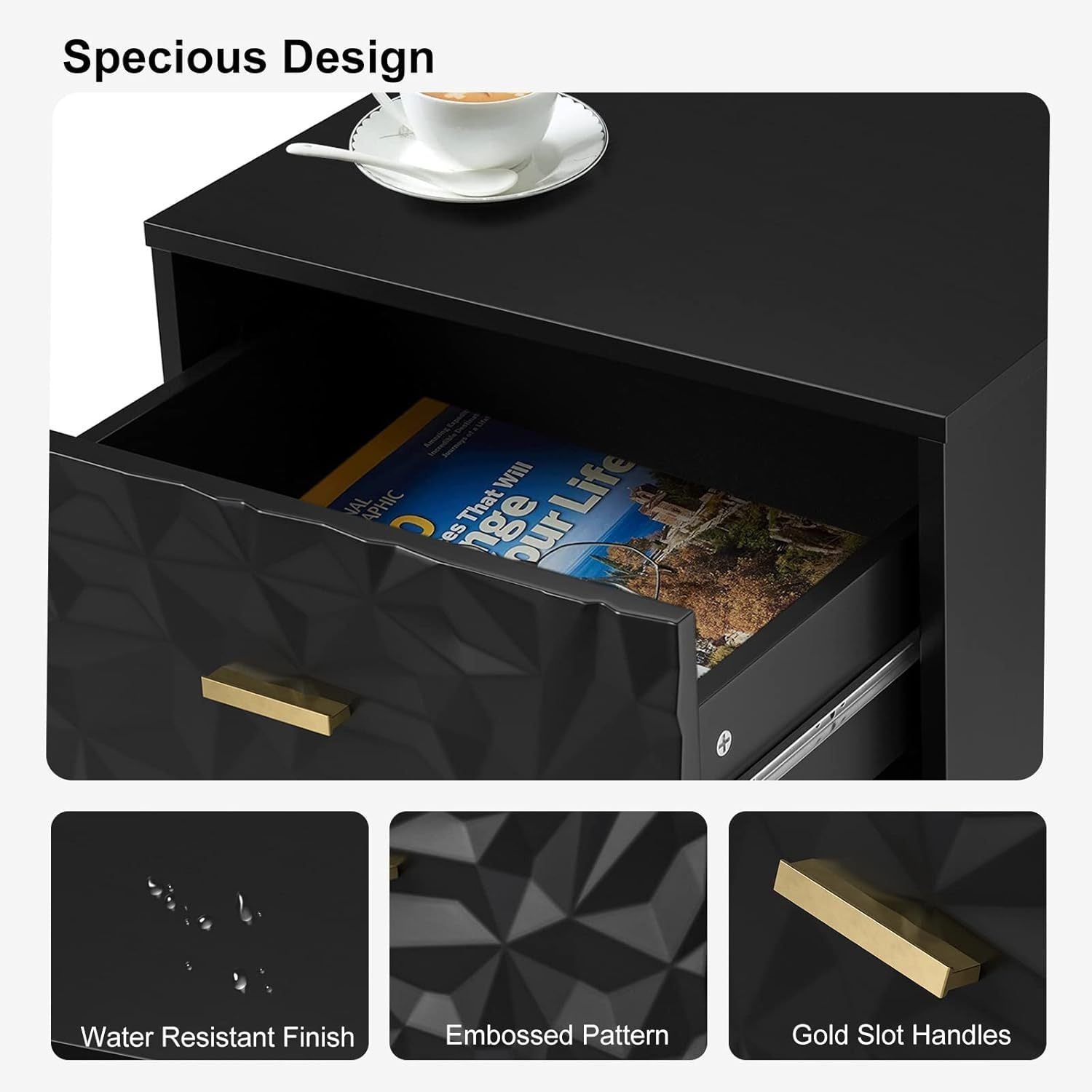 Modern Nightstand with 2 Drawers, 50cm W Bedside Table 2 Drawer Dresser with Embossed Pattern, Storage End Table with Metal Legs for Bedroom & Living Room