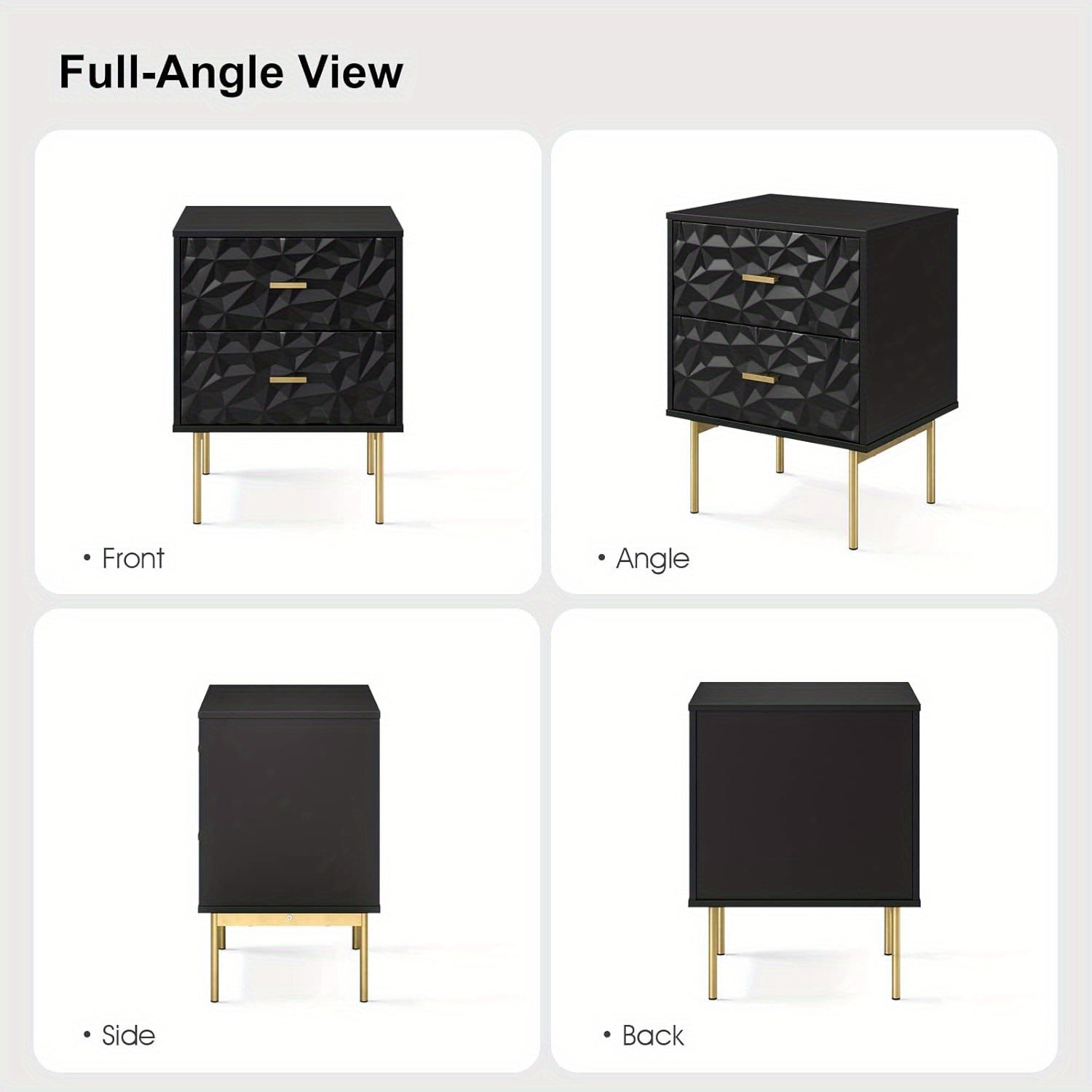 Modern Nightstand with 2 Drawers, 50cm W Bedside Table 2 Drawer Dresser with Embossed Pattern, Storage End Table with Metal Legs for Bedroom & Living Room