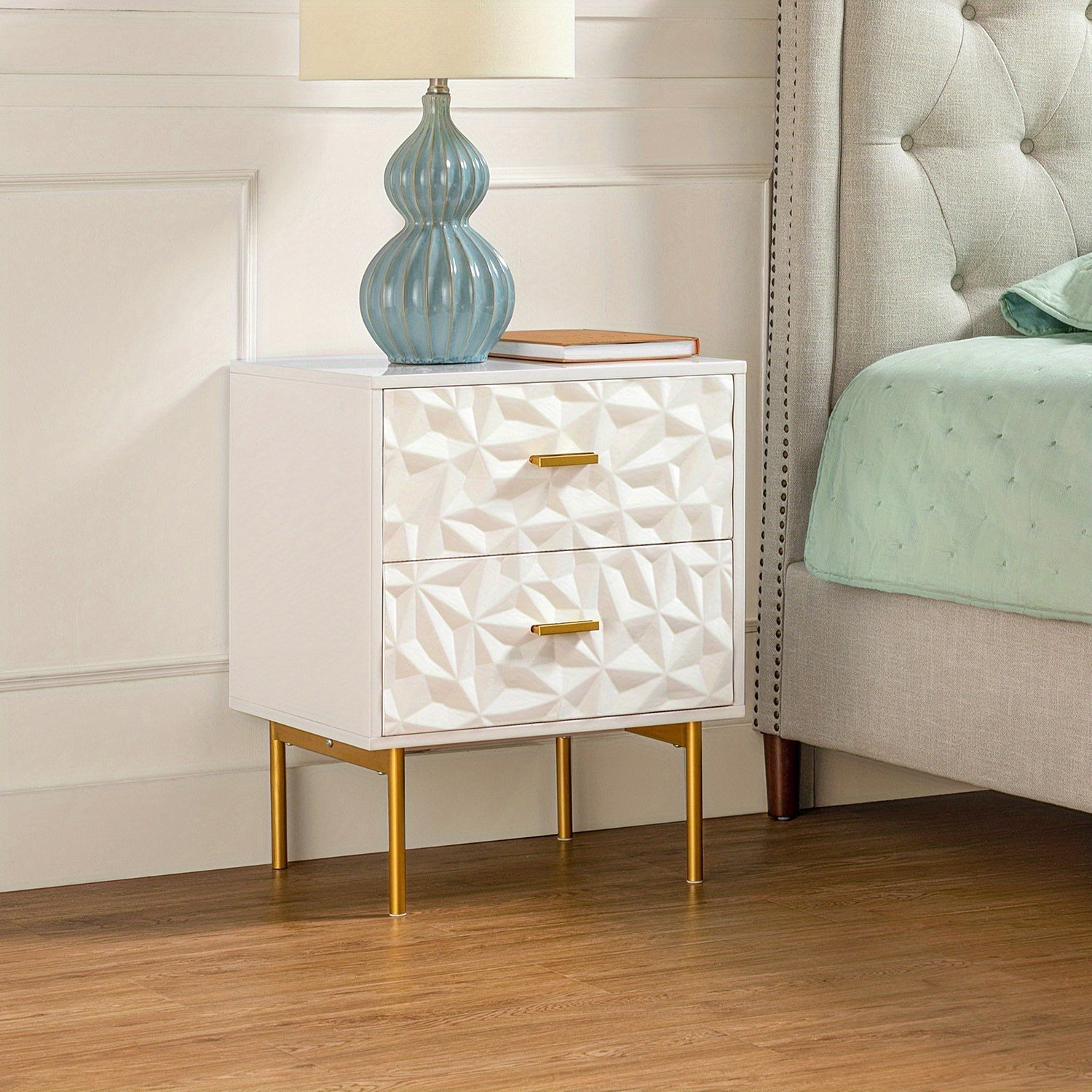Modern Nightstand with 2 Drawers, 50cm W Bedside Table 2 Drawer Dresser with Embossed Pattern, Storage End Table with Metal Legs for Bedroom & Living Room