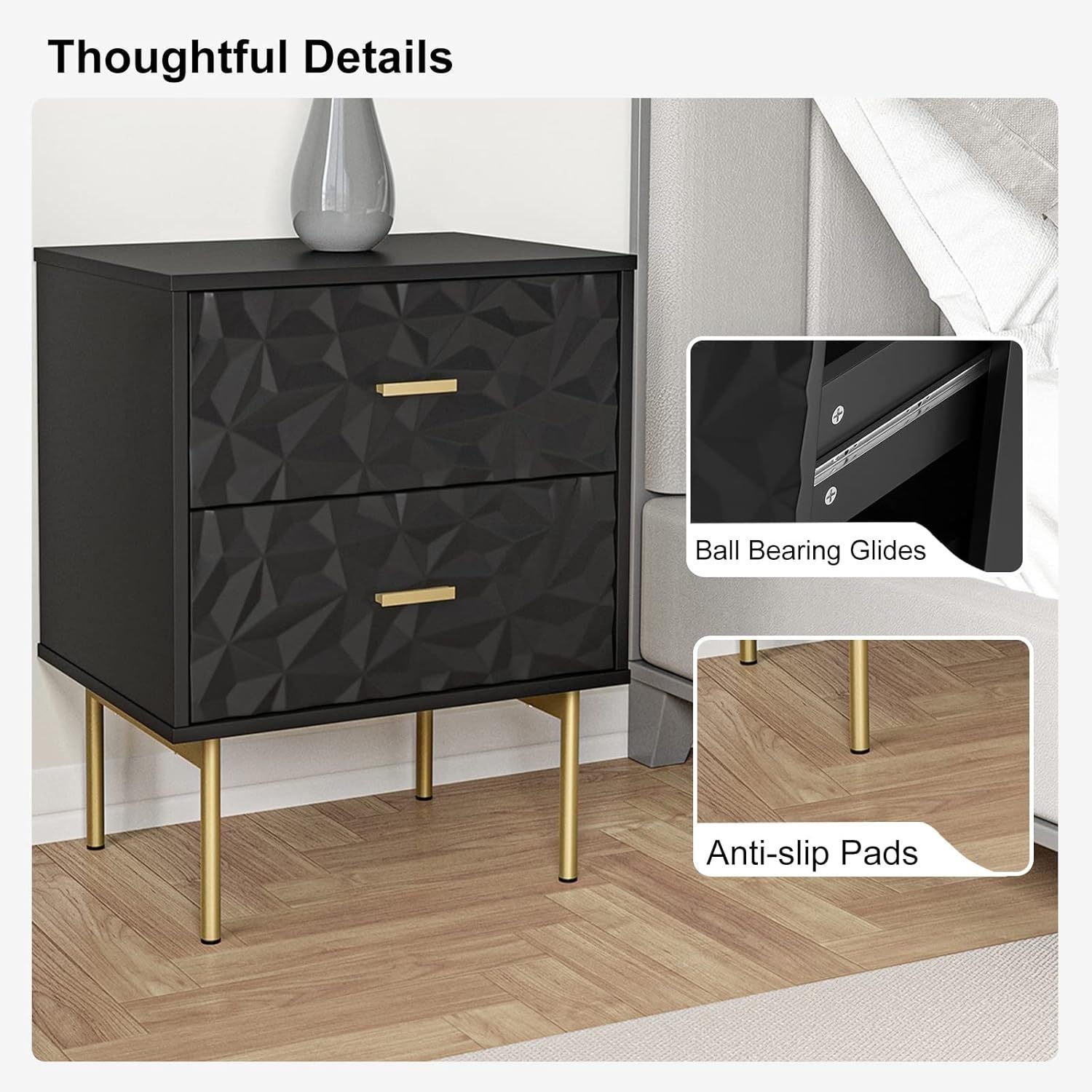 Modern Nightstand with 2 Drawers, 50cm W Bedside Table 2 Drawer Dresser with Embossed Pattern, Storage End Table with Metal Legs for Bedroom & Living Room