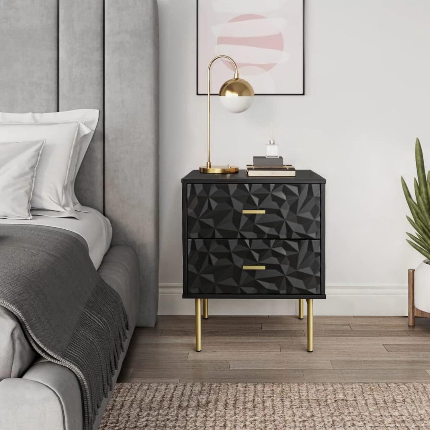 Modern Nightstand with 2 Drawers, 50cm W Bedside Table 2 Drawer Dresser with Embossed Pattern, Storage End Table with Metal Legs for Bedroom & Living Room