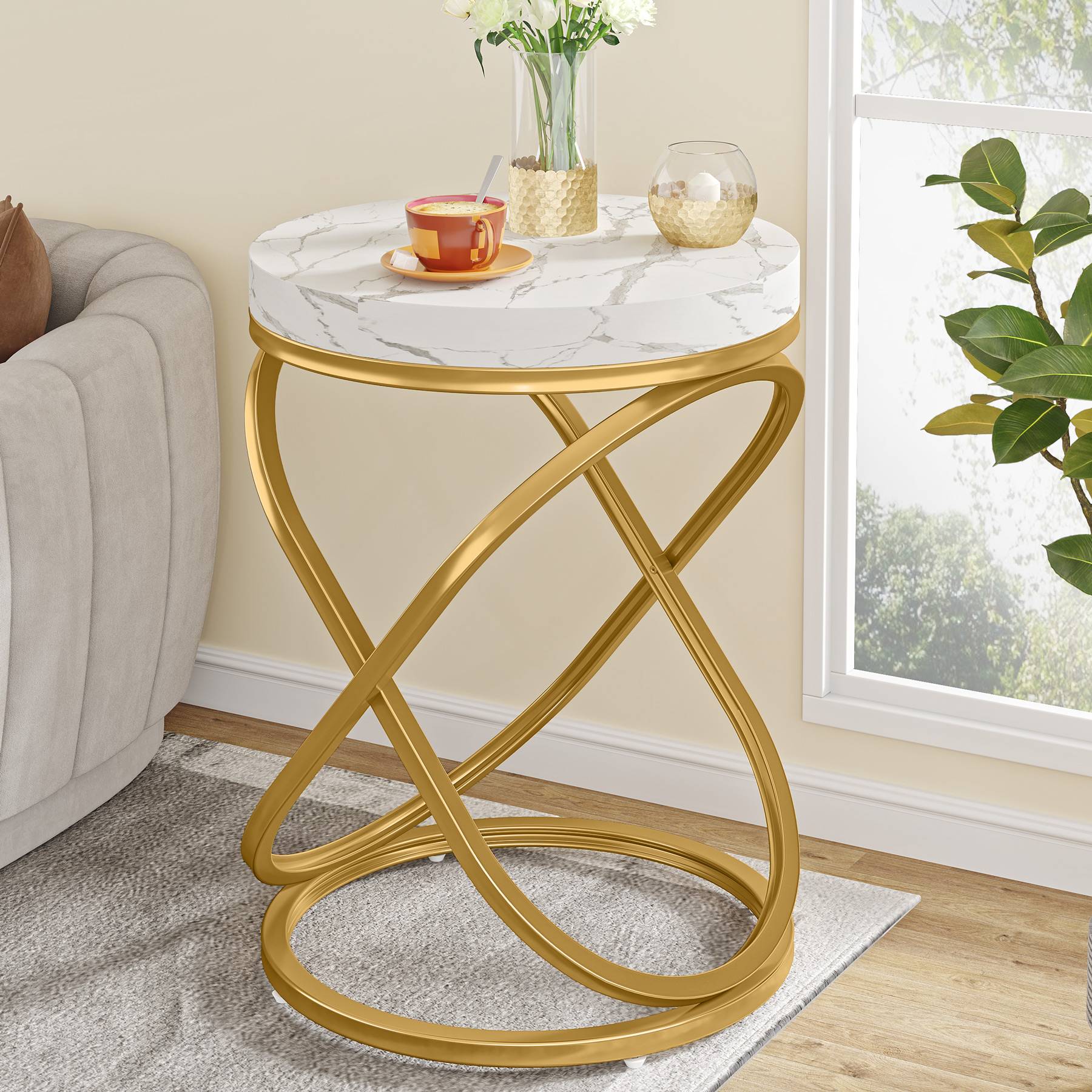 Round End Table, 26" Tall Sofa Side Table with Faux Marble Top