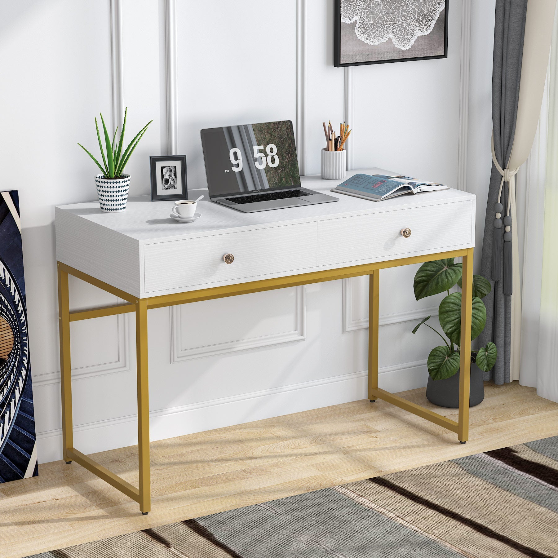 Modern Computer Desk with 2 Drawers, 120 cm Simple Study Writing Desk