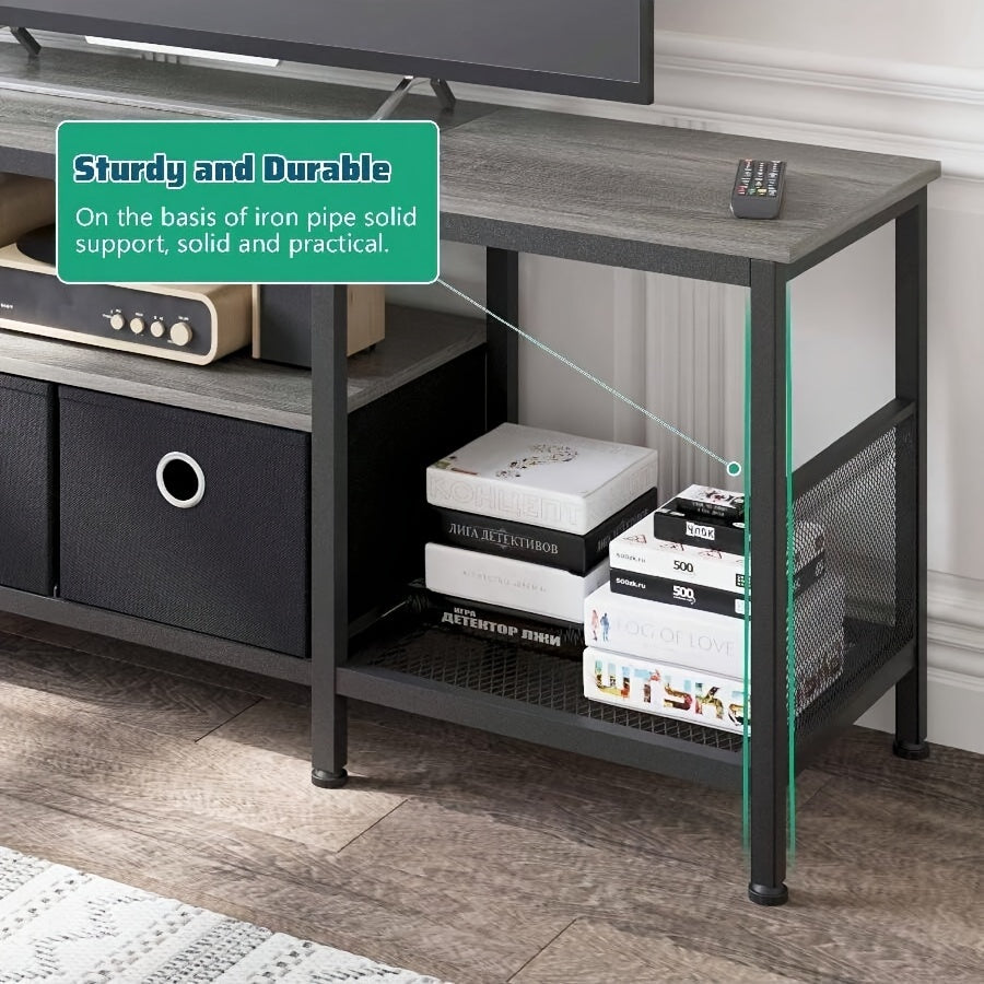 140cm Grey TV Stand with Fabric Drawers - Metal Entertainment Center for Living Room, Bedroom | Includes Media Console & Soundbar Shelf