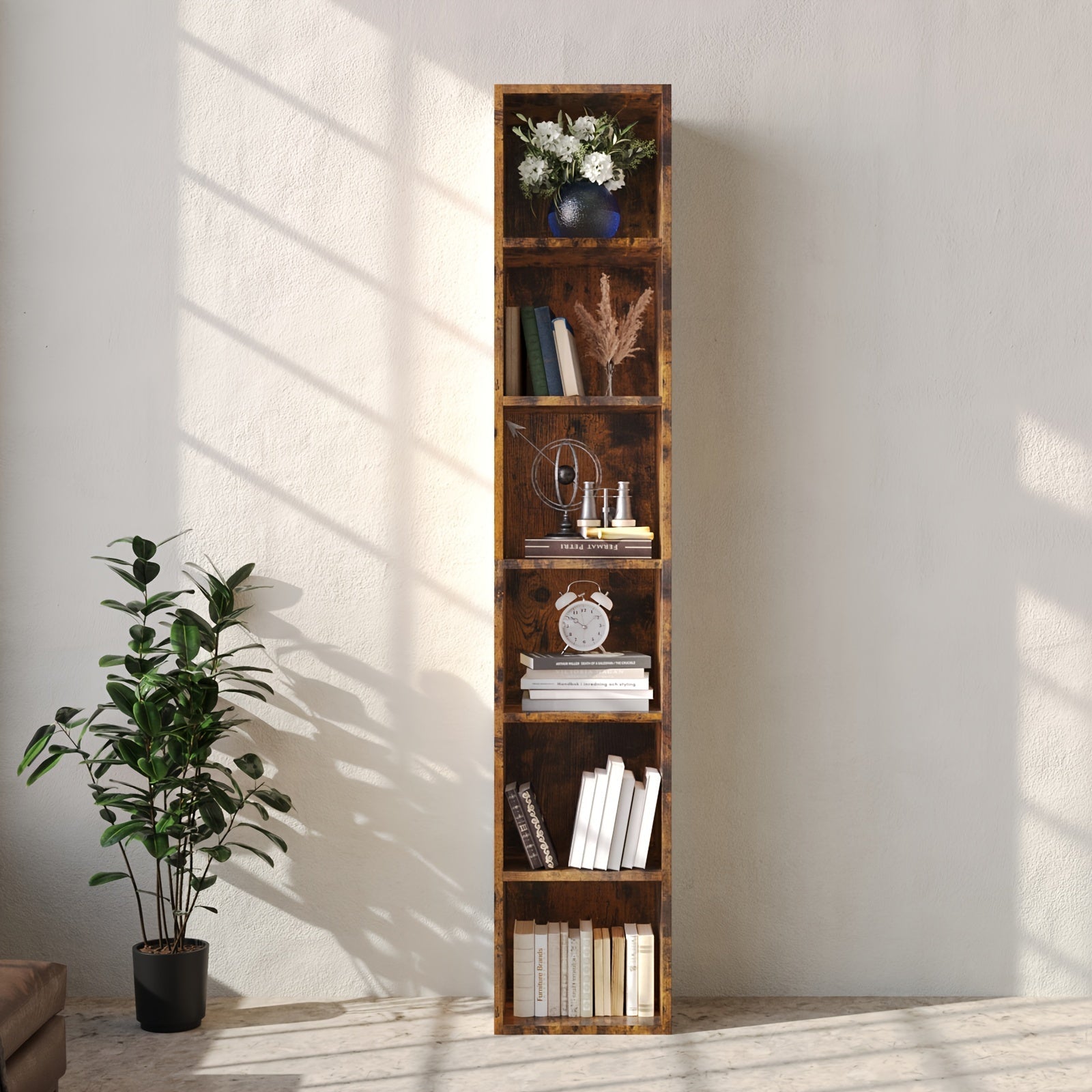 6 Tier Tall Narrow Bookcase, Modern Corner Bookcase, Cube Media Tower Rack, Cabinet, Floor Standing Display Storage Shelves For Small Spaces, For Home Office, Avaliable In Brown, Black And White Color