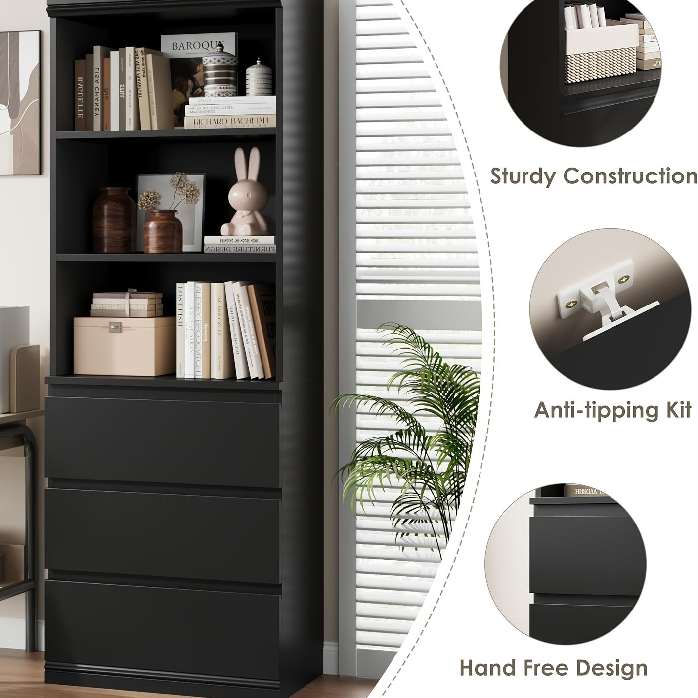5-Tier Bookshelf With Drawers - Tall Vintage Bookcase With Metal Frame, Farmhouse Corner Shelf And Storage For Home Office, Living Room, Bedroom, Or Bathroom