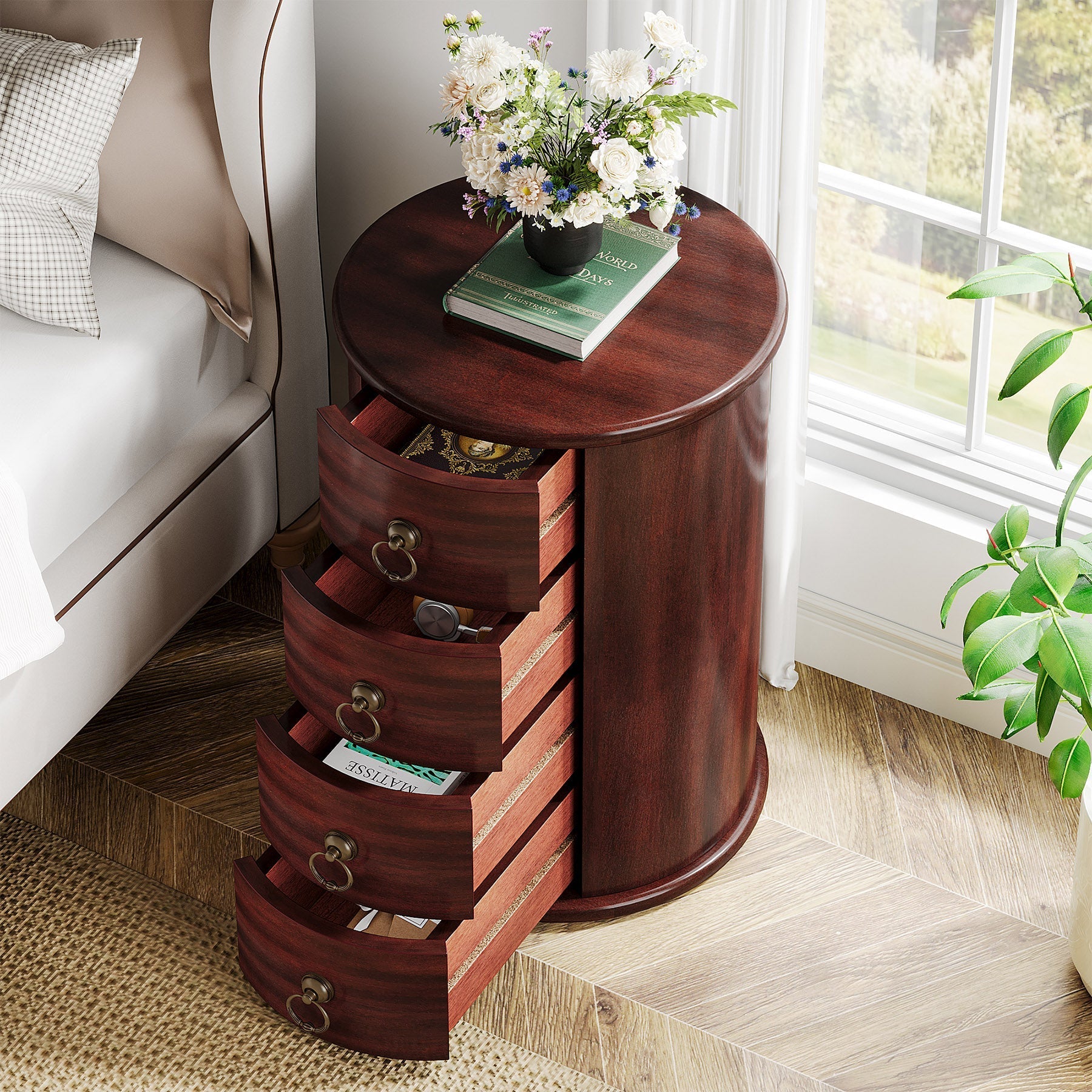 Solid Wood End Table, Narrow Round Side Table with 4 Drawers, Vintage Bedside Table Nightstand for Small Spaces, Living Room, Bedroom, Home Office Tribesigns