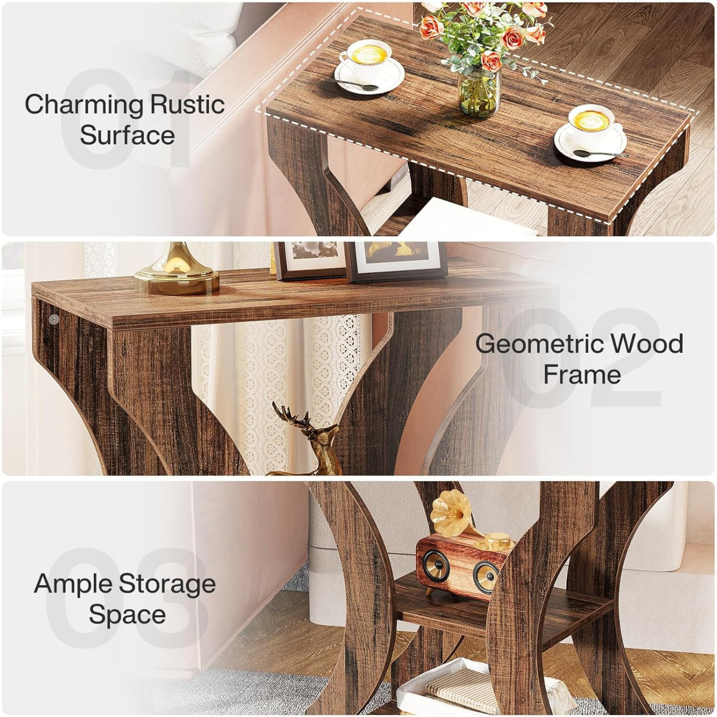 3-Tier Side Table with Storage Shelves, 60cm Farmhouse End Table, Modern Wood Accent Table, Nightstand Bedside Table for Living Room, Bedroom, Ladder Racks, Storage and Organization