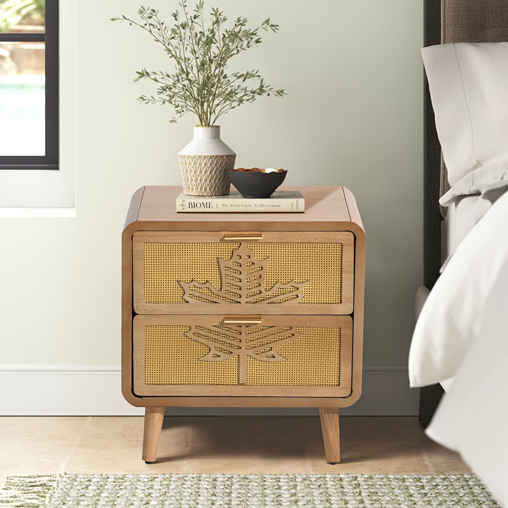 Mid-Century Modern Nightstand] Mid-Century Modern Nightstand with Rattan Accents and Maple Leaf Carving, Solid Wood and Fiberboard Construction, High-Density Storage, Pine Tabletop, with Engineered Wood Base, for Stylish