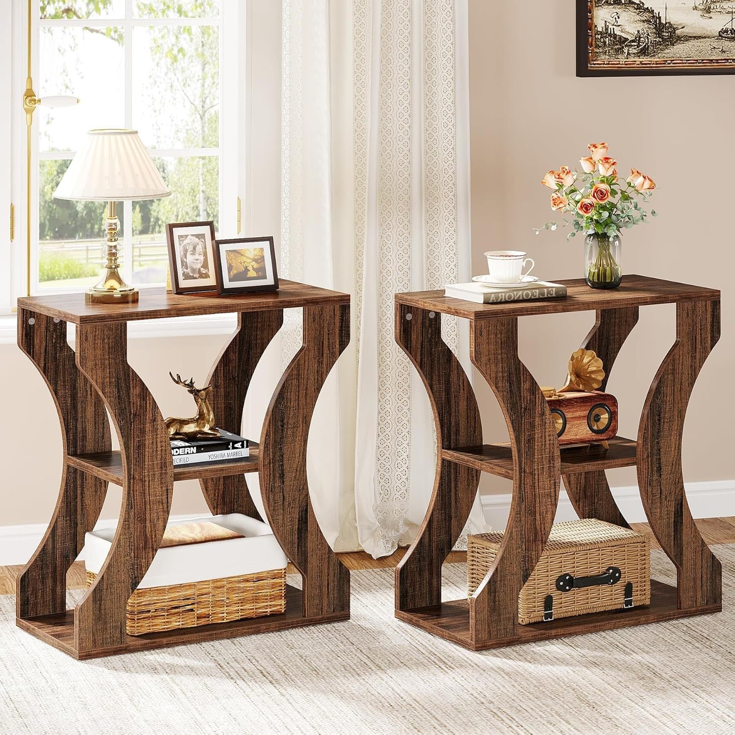 3-Tier Side Table with Storage Shelves, 60cm Farmhouse End Table, Modern Wood Accent Table, Nightstand Bedside Table for Living Room, Bedroom, Ladder Racks, Storage and Organization