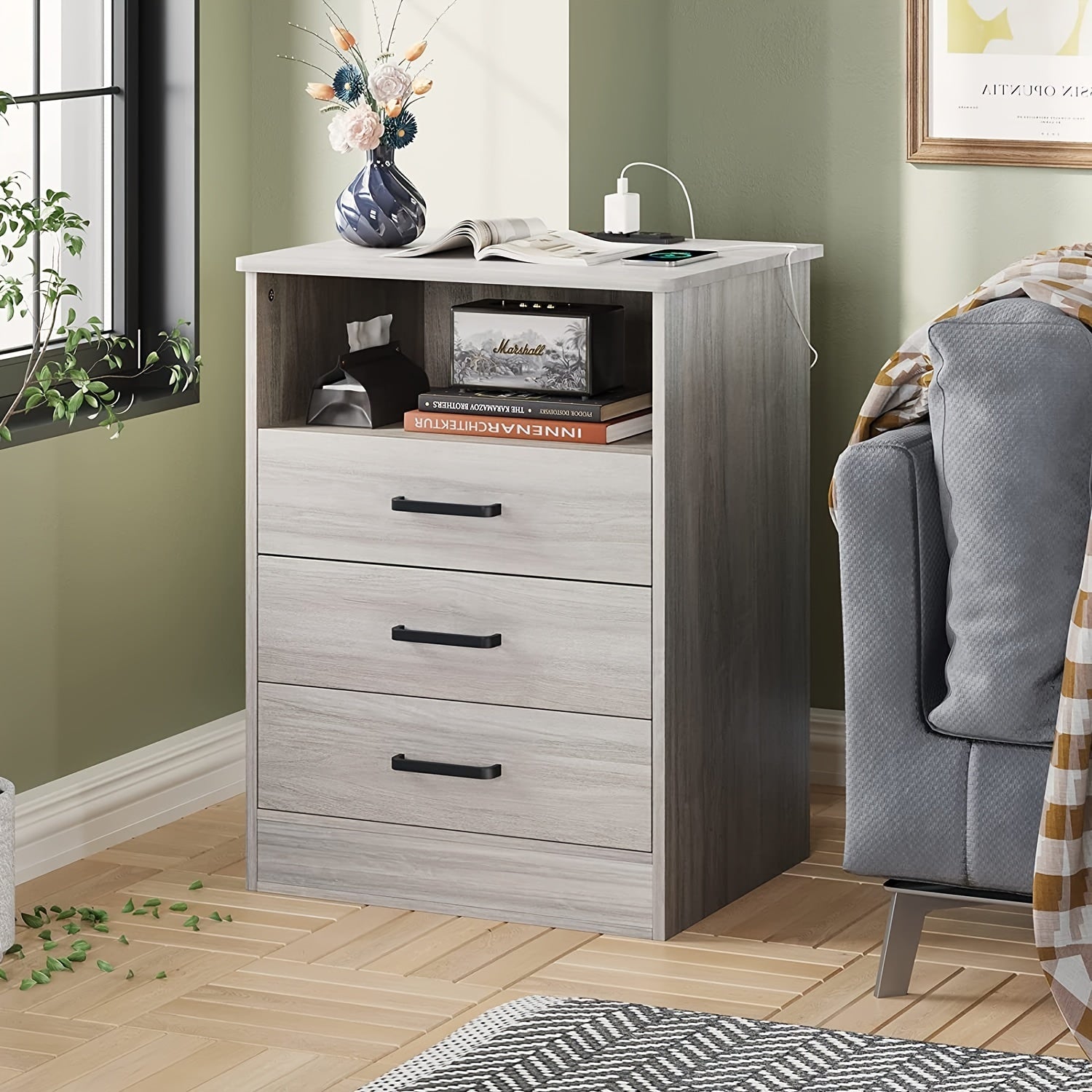 Nightstand with 3 Drawers and USB Port Charging Station, Bedroom End Table Side Table with Open Storage, Grey/White/ Black