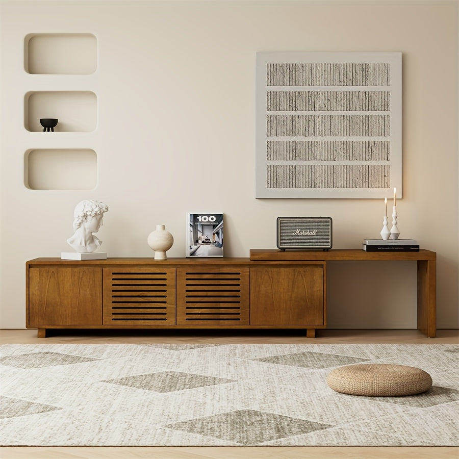 Mid-Century Modern Extendable TV Stand, Wood-Based Panel & Hardwood Entertainment Center, Farmhouse Media Console with Storage, Adjustable Panel, for Living Room & Bedroom, No Electricity Required