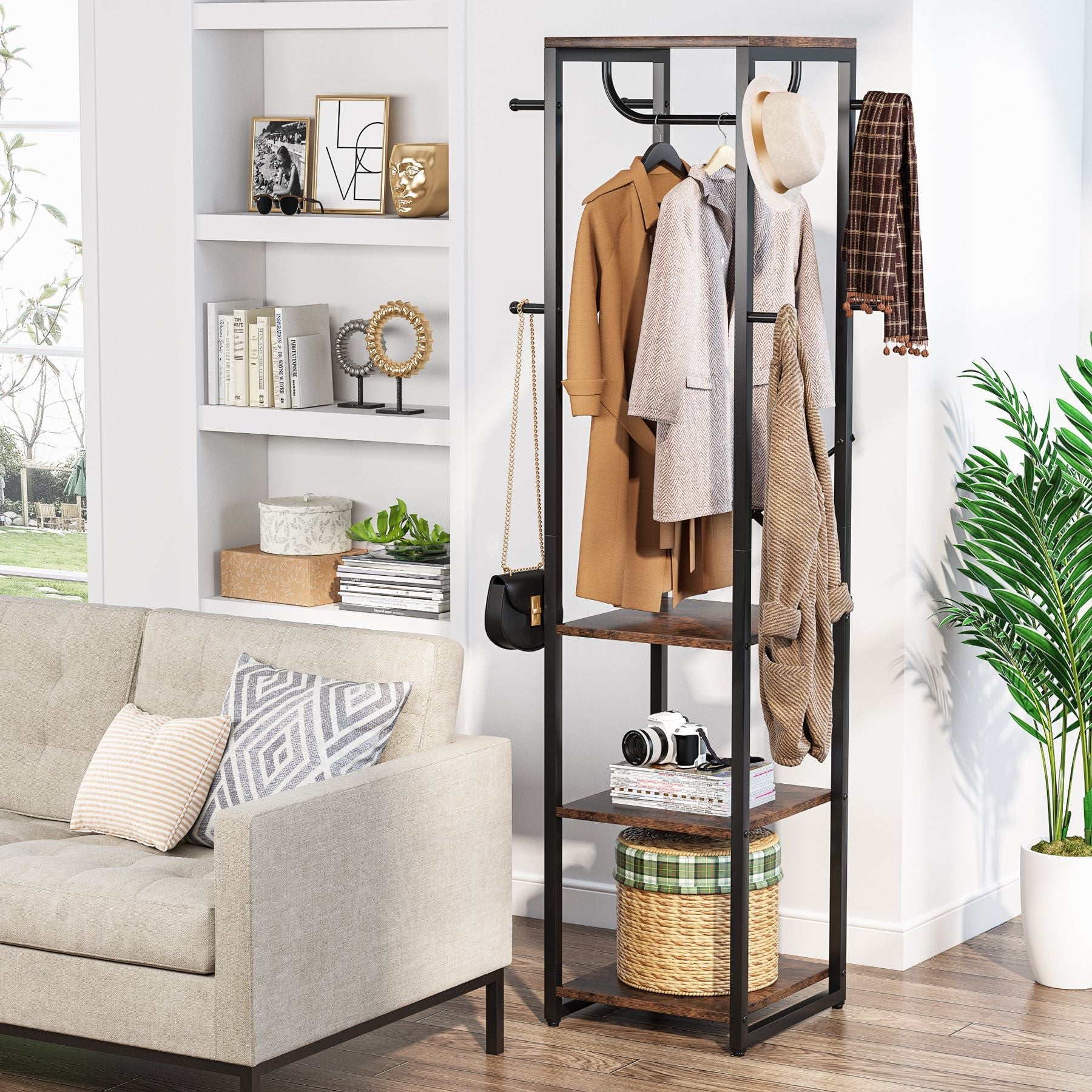 Freestanding Coat Rack, Industrial Corner Hall Tree with 10.16 cm Shelves and 8 Hooks