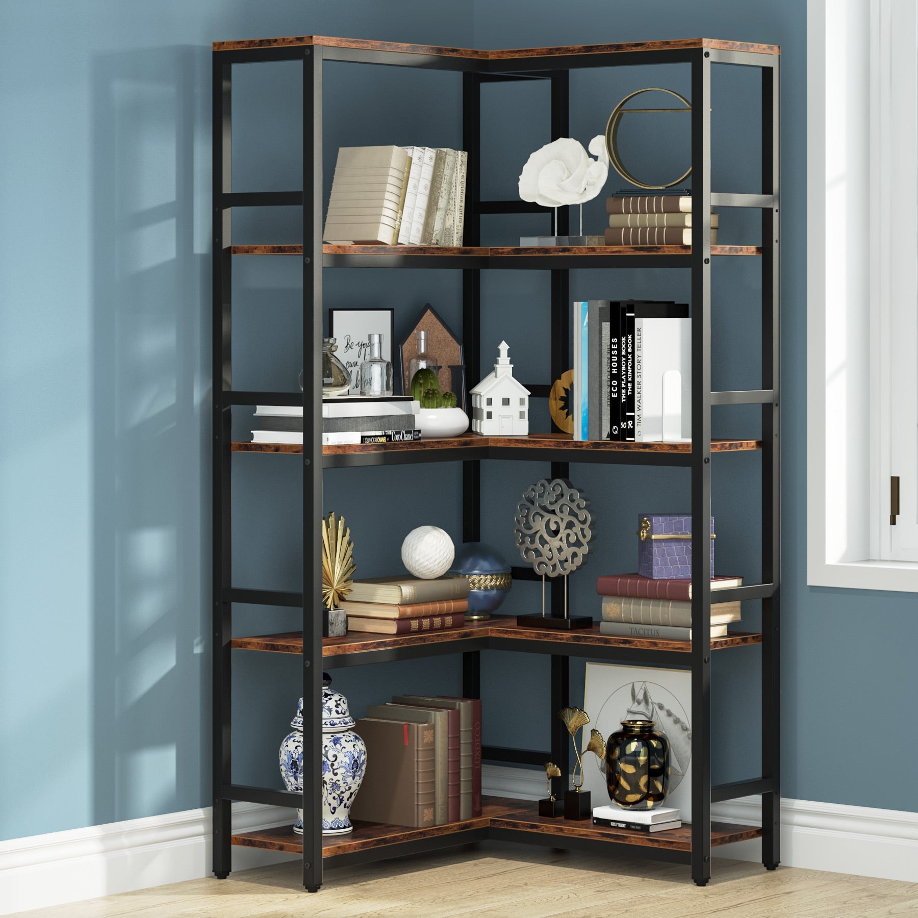 Industrial Corner Bookshelf, 5-Tier/7-Tier Bookcase Etagere Display Rack (in cm)