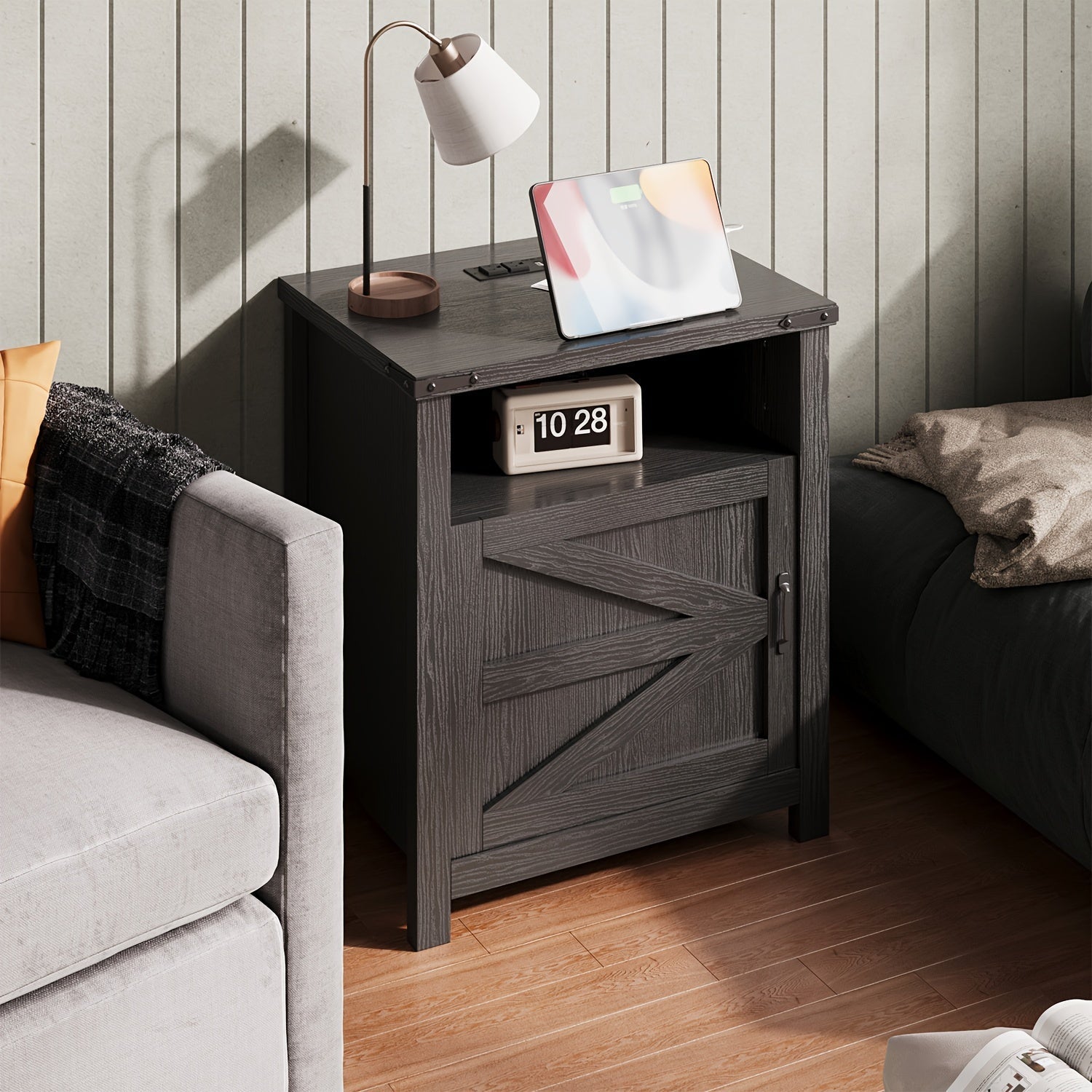 Farmhouse End Table With Charging Station, 21'' Rustic Nightstand With Barn Door, And Open/Closed Storage, Set Of 2 For Living Room Or Bedroom.