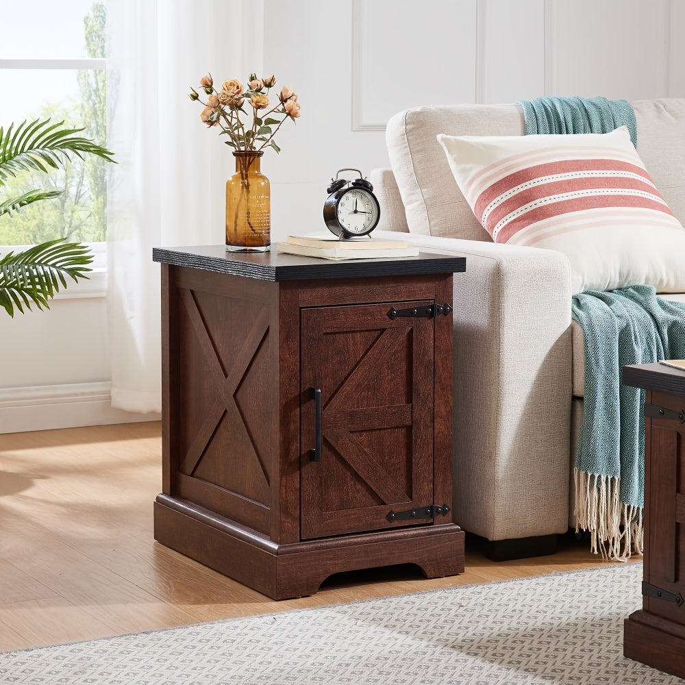 Farmhouse End Table Nightstand, Multifunctional Pedestal Base Sofa Side Table, Rustic Wooden Farmhouse Style, with Barn Door and Adjustable Shelf, for Living Room, Bedroom - No Electricity Required